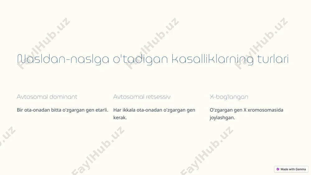 profilaktik choralar ishlab chiqilishi mumkin, shu jumladan gen terapiyasi va oziqlanish, turmush tarziga oid tavsiyalar. tahdidlar (threats) genetik xatolar va mutatsiyalar xavfi: genetik manipulyatsiyalar davomida xatoliklar yoki noto'g'ri davolash usullari yangi kasalliklar keltirib chiqarishi mumkin. ijtimoiy va etika muammolari: genetik kasalliklarni davolashda gen terapiyasi va tahrirlash usullarini qo‘llash bilan bog‘liq etika masalalari yuzaga keladi. irsiy kasalliklarning avj olish xavfi: ba'zi kasalliklar muhit omillari va turmush tarzidagi o'zgarishlar tufayli yanada kengroq tarqalishi mumkin. xulosa va savollar nasldan-naslga o'tadigan kasalliklar murakkab va ko'p jihatli masaladir. ular inson hayotining har qanday jihatiga ta'sir qilishi mumkin. ushbu taqdimotda berilgan ma'lumotlar sizga ushbu kasalliklar haqida ko'proq ma'lumot olishingizga va o'zingizni himoya qilishingizga yordam beradi. 14 image1.png image2.png image3.png image4.png image5.png image6.png image7.png image8.png image9.png image10.png image11.png image12.png image13.png image14.png image15.png image16.png image17.png