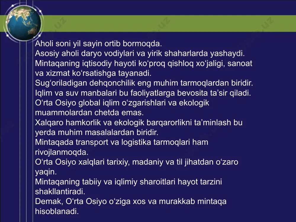 tejamkorlik bilan foydalanish uchun zamonaviy texnologiyalar kerak. tomchilatib sug‘orish, lazerli yer tekislashtirish kabi usullar suvni tejaydi. aholiga suvni to‘g‘ri taqsimlash ijtimoiy barqarorlik uchun muhim. davlatlararo suv siyosati bu borada asosiy vositalardan biridir. suv resurslari — iqtisodiy, ekologik va siyosiy barqarorlikning kalitidir. muammolar va ekologik holat o‘rta osiyodagi asosiy muammolardan biri — suv tanqisligidir. bu holat aholining ko‘payishi va qishloq xo‘jaligining kengayishi bilan kuchaymoqda. amudaryo va sirdaryo suvlari haddan tashqari ishlatilmoqda. bu daryolarning orol dengiziga yetib boradigan suvi sezilarli darajada kamaygan. natijada orol dengizi qurib bormoqda — bu ekologik fojia hisoblanadi. orol o‘rnida tuz va changdan iborat qum bo‘ronlari yuzaga kelmoqda. bu havoning ifloslanishiga va aholining sog‘lig‘iga salbiy ta’sir qiladi. tuproq sho‘rlanishi, bug‘lanishning ko‘payishi hosildorlikni kamaytirmoqda. sanoat chiqindilari va maishiy axlat daryolarni ifloslantirmoqda. suv havzalarining ekologik muvozanati buzilmoqda. aholining suvga bo‘lgan ehtiyoji ortib bormoqda, lekin resurslar cheklangan. qonunsiz quduqlar, ochiq kanallar va suv isrofi keng tarqalgan. transchegaraviy adaryolar (masalan, amudaryo) bo‘yicha …