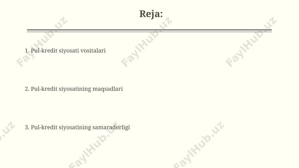 ga olib kelishi mumkin. barqaror valyuta kursi xorijiy investitsiyalarni rag'batlantiradi, chunki investorlar valyuta xavfi kamroq bo'lgan iqtisodiyotlarga sarmoya kiritishga intiladi, bu esa iqtisodiy o'sishga yordam beradi. ochiq bozorda operatsiyalar ochiq bozorda operatsiyalar qisqa muddatli foiz stavkalarini, masalan, federal fond stavkasini maqsadli darajaga yaqinlashtirish orqali pul-kredit siyosatini amalga oshirishga yordam beradi. ochiq bozor operatsiyalari deflyatsiya xavfi mavjud bo'lganda iqtisodiyotni rag'batlantirish uchun ishlatilishi mumkin. markaziy bank obligatsiyalarni sotib olib, foiz stavkalarini kamaytirishi va investitsiyalarni rag'batlantirishi mumkin. pul-kredit siyosatining samaradorligi va cheklovlari pul-kredit siyosatining samaradorligi inflyatsiyani 2-3% maqsadli darajada ushlab turish qobiliyatiga bog'liq, ammo global omillar ta'sirini cheklash qiyin. pul-kredit siyosati bank sektorining barqarorligini ta'minlashi lozim, lekin haddan tashqari qat'iylik kreditlashni cheklab, iqtisodiy o'sishni susaytirishi mumkin. bandlikni ta'minlash bandlik ko'rsatkichlari (ishsizlik darajasi) markaziy bank tomonidan yaqindan kuzatiladi, chunki ular pul-kredit siyosati bo'yicha qarorlar qabul qilishda muhim rol o'ynaydi va siyosat samaradorligini baholaydi. bandlikni ta'minlash, inflyatsiyani 2 foiz darajasida saqlash bilan bir qatorda, pul-kredit …