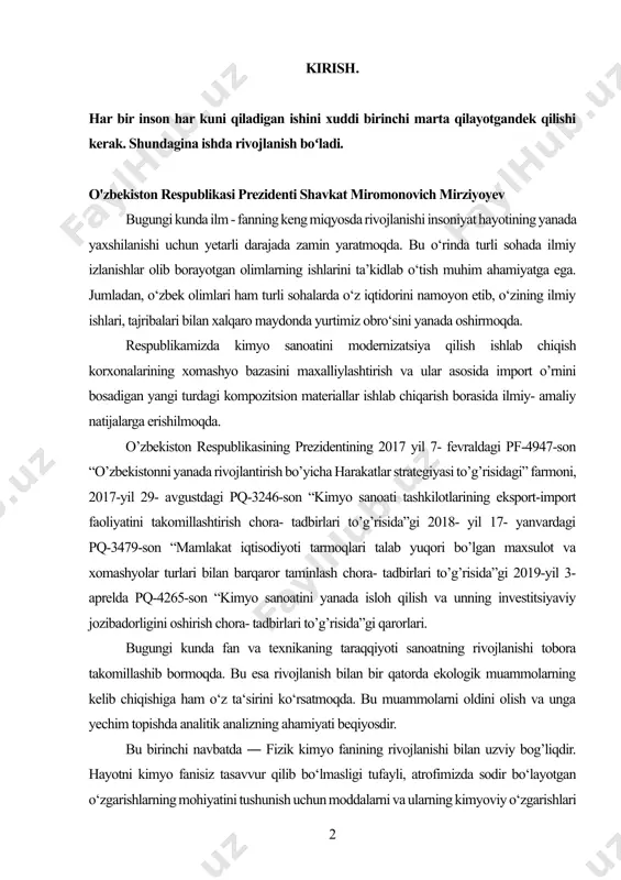 zidentining 2017 yil 7- fevraldagi pf-4947-son “o’zbekistonni yanada rivojlantirish bo’yicha harakatlar strategiyasi to’g’risidagi” farmoni, 2017-yil 29- avgustdagi pq-3246-son “kimyo sanoati tashkilotlarining eksport-import faoliyatini takomillashtirish chora- tadbirlari to’g’risida”gi 2018- yil 17- yanvardagi pq-3479-son “mamlakat iqtisodiyoti tarmoqlari talab yuqori bo’lgan maxsulot va xomashyolar turlari bilan barqaror taminlash chora- tadbirlari to’g’risida”gi 2019-yil 3-aprelda pq-4265-son “kimyo sanoatini yanada isloh qilish va unning investitsiyaviy jozibadorligini oshirish chora- tadbirlari to’g’risida”gi qarorlari. bugungi kunda fan va texnikaning taraqqiyoti sanoatning rivojlanishi tobora takomillashib bormoqda. bu esa rivojlanish bilan bir qatorda ekologik muammolarning kelib chiqishiga ham o‘z ta‘sirini ko‘rsatmoqda. bu muammolarni oldini olish va unga yechim topishda analitik analizning ahamiyati beqiyosdir. bu birinchi navbatda ― fizik kimyo fanining rivojlanishi bilan uzviy bog’liqdir. hayotni kimyo fanisiz tasavvur qilib bo‘lmasligi tufayli, atrofimizda sodir bo‘layotgan o‘zgarishlarning mohiyatini tushunish uchun moddalarni va ularning kimyoviy o‘zgarishlari qonuniyatlarini bilish talab etiladi va maskur sohaga tegishli qunun va farmonlarga ush bu kurs ishi to’liq mos bajarilgan. …