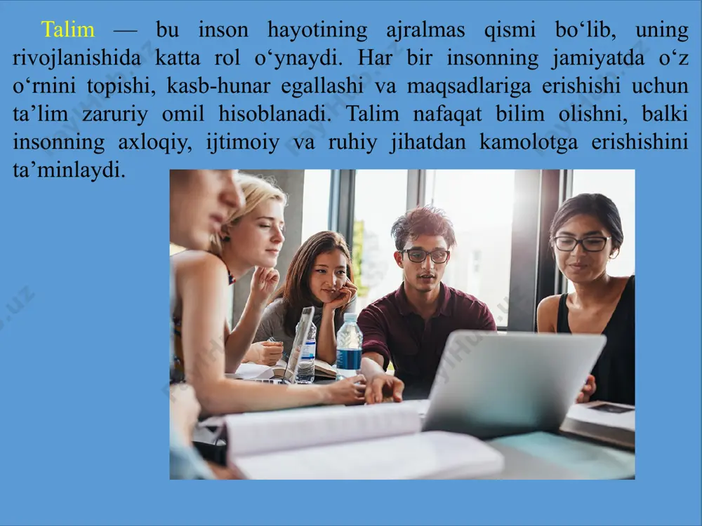 ordam beradilar. jamiyatda ma’rifatli va ta’limli odamlar jamiyatni yuqori darajada barqaror va farovon qilishda muhim ahamiyatga ega. ta’lim insonning shaxsiy rivojlanishida muhim vositadir. har bir inson o‘z maqsadlariga erishishda ta’limdan foydalanadi. ta’lim orqali inson o‘zining ichki imkoniyatlarini aniqlaydi, o‘z kuchi va imkoniyatlarini baholaydi. u ta’limni o‘z orzulariga erishish uchun vosita sifatida ishlatadi. bu, o‘z navbatida, jamiyatda muvaffaqiyatli va farovon hayot kechirish uchun asos bo‘ladi.bundan tashqari, ta’lim, insonni kreativ fikrlashga undaydi. kreativ fikrlash o‘zining yangi g‘oyalarini yaratish, yangi yechimlarni izlashga yordam beradi. bunday xususiyatlar ta’limdan kelib chiqadigan rivojlanish jarayonlarining bir qismi hisoblanadi. e’tiboringiz uchun rahmat image1.png image2.png image3.png image4.png image5.png image6.png
