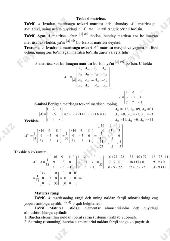 yagona yechimga ega bo‘lib, bu yechim quyidagi formulalar orqali topiladi. formulalar kramer formulalari deb ,tenglamalar sistemasini bu formulalar orqali yechilishi esa kramer yoki determinantlar usuli deyiladi. tenglamalar sistemasini kramer usulida yeching. 8-misol. tenglamalar sistemasini yeching. yechish. determinantlarni topamiz. . asosiy determinan ∆ = -16 ≠ 0 bo’lgani uchun sistema yagona yechimga ega va uni kramer formulalaridan topamiz ,, . , , . 9-misol. tenglamalar sistemasini yeching. yechish. tenglamalar sistemasini matrisa usulida yechamiz . demak, x1 = 1, x2 = 1, x3 = -1. kroneker-kapelli teoremasi. agar sistema matritsasi rangi kengaytirilgan matritsa rangiga teng bo‘lsa, ya'ni bo‘lsa, u holda sistema birgalikda bo‘ladi, ya'ni yechimga ega bo‘ladi. demak, biz quyidagi xulosalarni qilishimiz mumkin ekan. 1. agar bo‘lsa, sistema birgalikda bo‘ladi. 2. agar bo‘lsa, sistema birgalikda bo‘lmaydi. 3. agar bo‘lsa, sistema yagona yechimga ega bo‘ladi. 4. agar bo‘lsa, sistema cheksiz ko‘p yechimga ega bo‘ladi. 10-misol. sistemani gauss usuli bilan yeching.. yechish sistemani gauss …