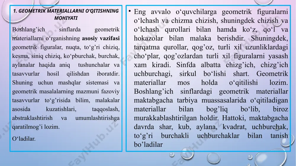 , 3 uchi borligini bilib oladilar, keyin ularni turli xil narsalardan o’zlari yasaydilar. keyingi bosqichlarda uchburchak turlari, (to’gri burchakli uchburchak, teng tomonli uchburchak, o‘tkir burchakli uchburchak, o‘tmas burchakli uchburchak) kabilar bilan tanishadilar. shu reja asosida to‘g’riburchak bilan tanishib chiqadi. besh va oltiburchaklarni ham o‘rgangandan keyin umumiy holda ularni ko’pburchak deb atash va tomonlari, uchlari va burchaklari sonlari bir xil bo‘lishini keltirib chiqaradilar. 1-sinfdayoq to‘g’ri burchak tushunchasi kiritiladi, uni tushuntirish quyidagicha olib boriladi. birgalikda qog’oz olib ularning uchlarini baravarlashtirib, ikki martadan buklab tengburchak xosil qiladi. xar qanday qogozni olib shunday ikki buklaganda tengburchaklar xosil bo‘lishini bilib, ularni to’g’riburchaklar deb atashni qabul qiladilar. shunday to‘g’ri burchaklarga nisbatan atrofdagi mavjud burchaklarning undan katta yoki kichikligini taqqoslaydilar, shu asosda to‘g’ri burchaklardan kichiklarini o‘tkir burchaklar deb qabul qilishga ega bo‘ldilar. to‘gri to‘rtburchakning barcha burchaklarining to‘g’ri bo‘lishini va ularning qarama-qarshi tomonlarining tengligini buklash asosida keltirib chiqaradilar. 1-2 sinflarda to‘g’ri to‘rtburchakni o‘quvchilarga chizish orqali yasashni o‘rgatadi, 3-sinfda …