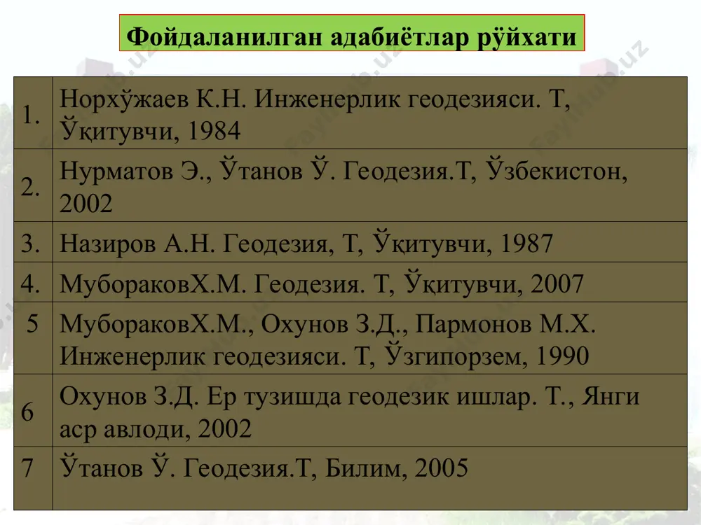 та бўлмаган бўлакларининг карта ва планларини тузиш, ҳамда нуқталарни баландликларини аниқлаш, уларнинг профили (вертикал кесими) ни тасвирлаш усуллари билан шуғулланади. инженерлик геодезияси - инженерли иншоотларни қидирув, лойиҳалаш, қуриш ва фойдаланишда бажариладиган геодезик ишлар усулларини ўрганиши билан шуғулланади. фототопография ёки аэрофотогеодезия - ер сиртини суратга олиш ва топографик карта, планларни ернинг фото ва аэросуратлари орқали тузиш усулларини ишлаб чиқиш билан шуғулланади. картография - карталарни тузиш, нашр қилиш ва улардан фойдаланиш усулларини ўрганади космик геодезияси - ернинг сунъий йулдошдан туриб, ер шаклини аниқлаш ва унинг сирти суратини олиш усулларини ўрганувчи фандир. халк хўжалигидаги хар хил масалаларни ечиш мақсадида ер сиртидаги ўлчашлар, улар натижаларини ишлаб чиқиш, план, карта ва профиллар тузиш орқали ернинг сирти унинг шакли ва ўлчамлари ўрганиб чикилади. шунинг учун инженерлик геодезияси фанининг вазифалари қўйидагиларни ташкил қилади: 1. махсус геодезик асбоблар ёрдамида ер сиртида ўлчашларни бажариш усулларини ўрганиш. 2. ўлчаш натижаларини замонавий техник воситалари ва эхм ёрдамида ишлаб чиқиш усулларини ўрганиш …