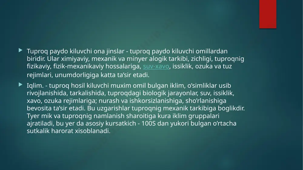 uqurlikda ko’p tuz chiqadigan tuproqlar. 4. kuchli sho’rlangan tuproqlar – 5-30 sm chuqurlikdan boshlab tuz chiqadigan yer. 5. sho’rxok tuproqlar – eng ustki qatlamdan boshlab juda ko’p tuz bor yerlar. tuproqning yuza ko’rinish holati va o’simlikning rivojiga qarab tuproqning sho’rlanish darajasi quyidagicha: 1. sho’rlanmagan (chuchuk) tuproqlar – o’simlikning rivoji normal. 2. kuchsiz sho’rlangan tuproqlar – ba’zi joylarda o’simlik yaxshi rivojlanmagan. 3. o’rtacha sho’rlangan tuproqlar – o’simlik o’smay qolgan joylari ko’zga yaqqol tashlanadi. 4. kuchli sho’rlangan tuproqlar – o’simlikning rivoji juda yomon va o’simlik o’smay qolgan joylari ancha. 5. sho’rxok tuproqlar – o’simlik butkul nobud bo’lgan va tuz qobig’i hosil bo’lgan tuproqlar. tuproqqa ishlov berishda qo’yiladugan agrotexnik tadbirlar tuproqqa ishlov berish bo'ladi qishloq xo'jaligi tayyorlash tuproq mexanik tomonidan qo'zg'alish qazish, aralashtirish va ag'darish kabi har xil turdagi. misollari inson tomonidan boshqariladigan ishlov berish foydalanish usullari qo'l asboblari o'z ichiga oladi belkurak, yig'ish, matok ish, tirnoqva tirnoq. misollari qoralama hayvonlarda ishlaydi yoki …