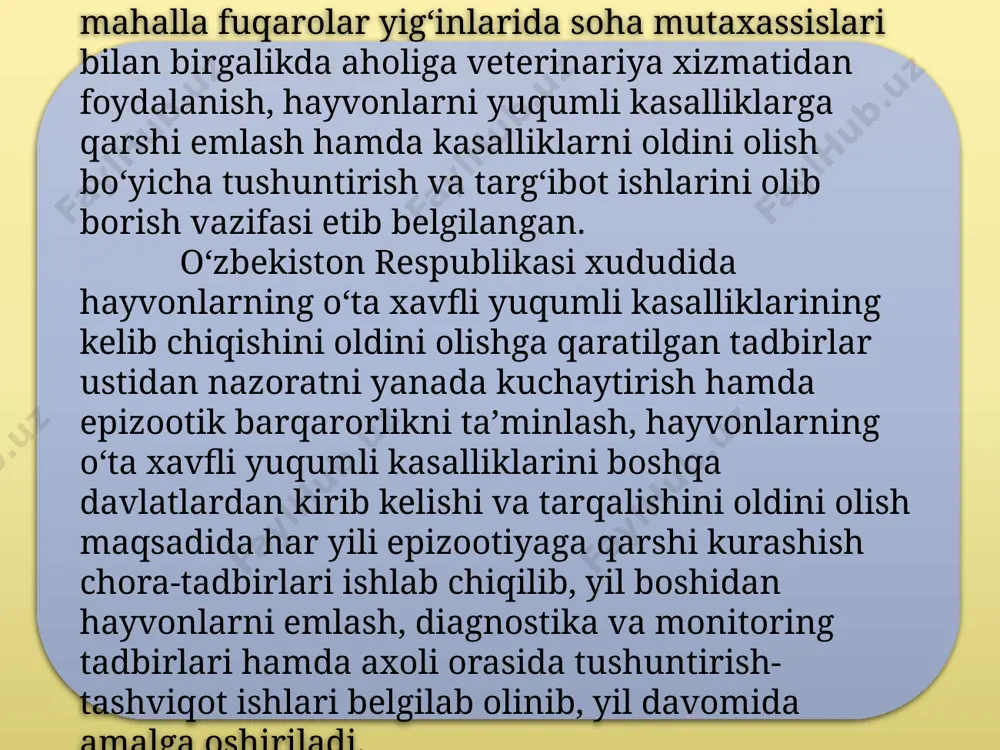 ining kirib kelishiga yo‘l qo‘ymaslik hamda tarqalishining oldini olish bo‘yicha amalga oshirilayotgan ehtiyotkorlik choralari o‘z samarasini bermoqda. natijada bugungi kunda mamlakatimiz hududida barqaror epizootik vaziyat saqlanmoqda. o‘zbekiston hududida uchraydigan vitserial zoonoz, teri antroponozi va oonoz leyshmanioz kasalliklari uchraydi. leyshmanioz bu dunyo bo‘yicha 98 ta davlatdagi yuqumli kasalliklarning global tahlili bo‘yicha 9-o‘rinda turadigan kasallik hisoblanadi. leyshmanioz – odamlarda va hayvonlarda uchraydigan transmissiv protozoy kasallik bo‘lib, qo‘zg‘atvchisi leyshmaniya hisoblanadi iskabtopar chivinlar tashuvchi bo‘lib, chaqish yo‘li bilan yuqtiradilar.insonda isitmalash, ichki a’zolar yoki teri to‘qimalarining shikastlanishi bilan namoyon bo‘ladi. sut emizuvchilardagi leyshaniozlar 2 guruhga bo‘linadi: 1.teri leyshmaniozi qo‘zg‘atuvchisi (ular teri, teriosti to‘qimalarida rivojlanib, terida lokal patologik o‘zgarishlar paydo qiladi.) 2.vitserial leyshmaniozi qo‘zg‘atuvchilari (jigar, taloq, limfa tugunlari va to‘qimalarda rivojlanib, asta-sekin odam organizmining zaharlanishiga olib keladi. vitserial leyshmanioz bu parazitar transmissiv zoonoz yuqumli kasallik bo‘lib, surunkali kechishi bilan harakterlanadi. ushbu kasallik bilan kasallangan bemorlarda limfoid-makrafagal tizimning shikastlanishi, uzoq davom etuvchi isitma, taloq va jigarning kattalashishi, …