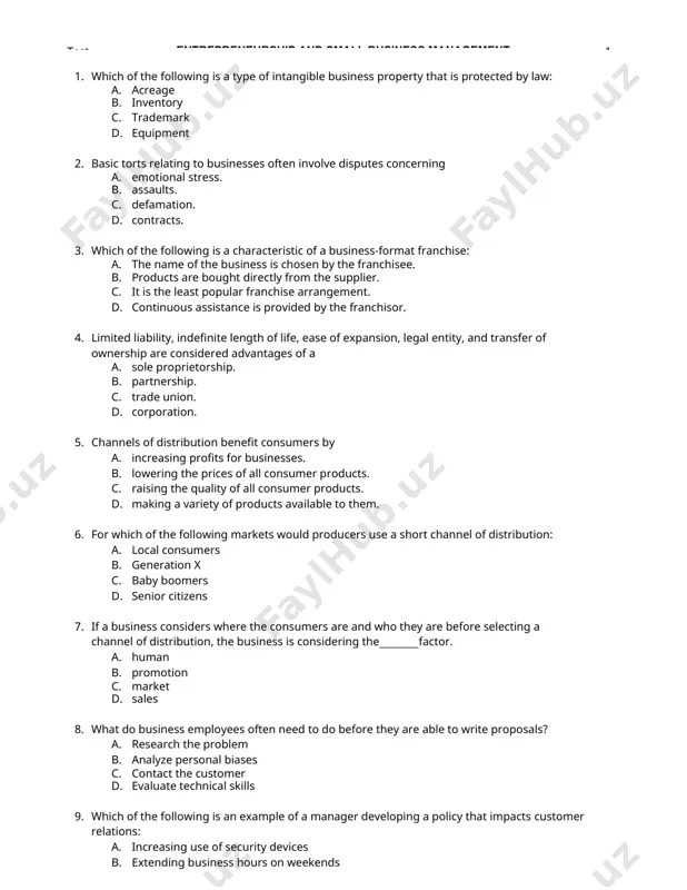 . which of the following activities is an example of preparing before attempting to sell an idea: a. explaining solutions to audience needs b. determining the details of your idea c. overcoming objections from the audience d. affirming the audience's decision to "buy" 15. managers are more likely to be able to persuade employees to follow new procedures if the managers have a. organizational skills. b. credibility. c. enthusiasm. d. self-motivation. 16. ali wants to negotiate with her boss to take on more job responsibilities. before approaching her boss, ali needs to determine her boss's position and a. abilities. b. interests. c. standards. d. procedures. 17. after writing your personal vision, what must you do to achieve it? a. commit to your vision through hard work and dedication. b. put your vision in a safe space and look at it again in five years. c. get the highest-paying job that …