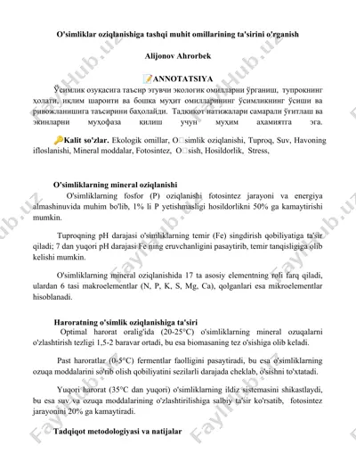 o'simliklar oziqlanishiga tashqi muhit omillarining ta'siri — DOCX
