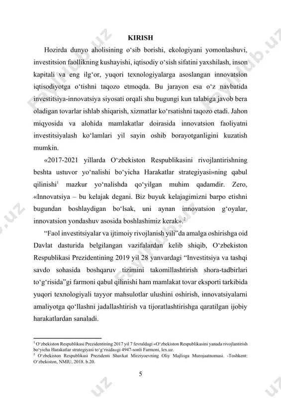 nfrа”, 2000 y., 979-bet] [4: o‘sha manba, 16-b.] shved iqtisodi olimi klas eklund fikricha, “investitsiya-bu kelajakda ko‘proq iste’mol qilish sharoitiga ega bo‘lish ushun ertangi kunga qoldirilgan narsa. uning bir qismi hozirda ishlatilmasdan zahiraga qoldiradigan iste’mol buyumlari bo‘lib, boshqa qismi esa bu ishlab chiqarishni kengaytirishga yo‘naltirilgan resurslardir”[footnoteref:5]. bu ta’rif ko‘proq “kapital qo‘yilmalar”ga berilgan ta’rifga o‘xshaydi. [5: klas eklund. effektivnaya ekonomika: shvedskaya modelь.-m.: “ekonomika” 1991 y. 96-bet.] investitsiyalarga aniq bir ta’rif berilmagan. jumladan, professor d.g‘.g‘ozibekov investitsiyalarning iqtisodiy mazmun-mohiyatini moliyaviy kategoriya sifatida talqin etib, quyidagicha ta’rif beradi: “investitsiyalarning mazmuni aniq va ishonchli manbalardan mablag‘lar olish, ularni asosli holda safarbar etish, risklar darajasini hisobga olgan holda kapital qiymatini saqlash va ko‘zlangan samarani olishdan iborat bo‘ladi”[footnoteref:6]. [6: g‘ozibekov d.g‘. investitsiyalarni moliyalashtirish masalalari. t.: moliya, 2003, 26 b.] professor n.h. haydarov investitsiyalarning mazmun - mohiyatiga quyidagi ta’rifni beradi: "investitsiya - bu mulk shaklidan qat’iy nazar, tadbirkorlik asosida faoliyat ko‘rsatayotgan jismoniy va yuridik shaxslar yoki davlatning iqtisodiy …