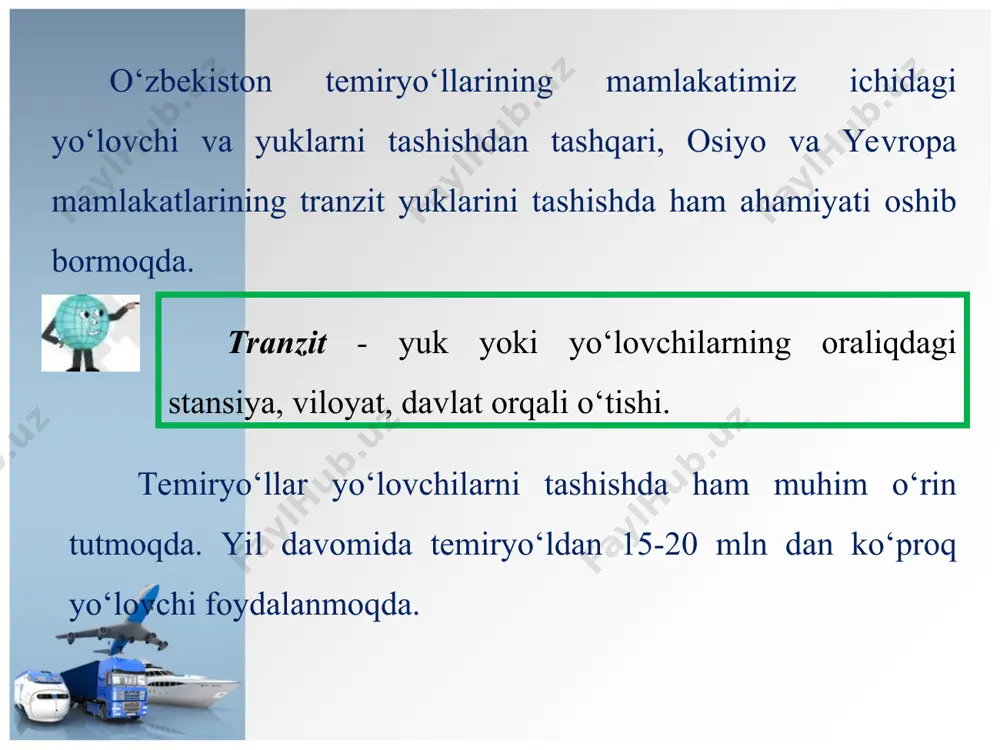 neft, gaz sovuqda quyuq-lashadi va quvurdan o‘tishi sekinlashadi. buning chorasi sifatida quvurlar ma’lum oraliqda maxsus pechlar yordamida isitib turiladi. o‘zbekistonning qishi u qadar sovuq bo‘lmasligidan bunday pechlarga zarurat yo‘q. demak, qo‘shimcha xarajat yo‘qligidan iste’molchiga arzonga tushadi. mamlakatimizda elektr tizimi vujudga kelishi va uning o‘rta osiyo tizi-miga ulanishi bilan transportning yangi turi - elektron transporti vujudga keldi. viloyatlararo va davlatlararo o‘tkazilgan yuqori kuchlanishli elektr liniyalari orqali elektr quvvati uzatiladi.