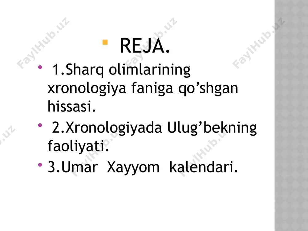sistemasini o`rganadi, ularning o`zaro bog`liqligini, vaqtlarni bir hisob sistemasidan ikkinchisiga aylantirish uslublarini ishlab chiqadi. tarixiy xronologiya yuqoridagi hisoblash sistemasidan tarixiy vaqtlarni hisoblashda amalda foydalanadi va tarixiy manbalardagi sanalarning aniqligini tarixiy tahlil qiladi. . o`rta osiyo olimlarning xronologiya rivojlanishiga qo`shgan xissasi. o’rta asrlarda xronologiya yanada rivojlanib bordi. xronologiya rivojiga o`rta osiyolik olimlar, ahmad al-farg`oniy (797-865), abu rayhon beruniy (973-1048), umar hayyom (1048-1131) va mirzo ulug`bek (1394-1449) katta hissa qo`shdi ahmad al-farg`oniy ilmi-xay`at (falakiyotshunoslik-astronomiya, riyoziyot-matematika) va jo`g`rofiya (geografiya) fanlari bilan shug`ullandi hamda qator ilmiy asarlar yozib qoldirdi. axmad al-farg`oniy al-ma`mun topshirig`iga binoan damashqdagi rasadxonada osmon jismlari harakatini o’rgandi. ahmad al-farg`oniyning «kitob al-harakat as-samoviya va javomi` ilm an-nujum» (samoviy harakatlar va umumiy ilmi kitobi) asari astronomik asar hisoblanadi. bu asar astronomiya asoslari haqidagi kitob nomi bilan ma`lum bo`lib, 1145-1175 yillardan yevropada lotin tiliga tarjima etilgan. olim «alfraganus» nomi bilan g’arbda shuhrat topadi. uning mazkur asaridan asrlar davomida yevropa universitetlarida asosiy darslik sifatida foydalanilgan, …