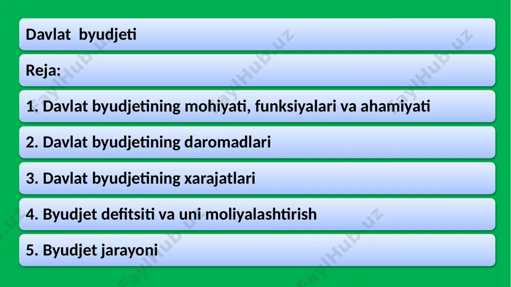 on bo‘ladi. yagonalik (birlik) va yuqori darajada markazlashuv davlat byudjetining muhim xususiyatlaridandir. turli ma’muriy-hududiy byudjetlar ko‘pligiga qaramasdan, ularning barchasi quyi bo‘g‘inlarning yuqori bo‘linmalarga ketma - ket bo‘ysunishiga rioya qilgan holda yagona davlat byudjetiga birlashadi. bir vaqtning o‘zida byudjet resurslarini shakllantirish va ulardan foydalanishda demokratizm ham ta’minlanadi. chunki davlat hokimiyatining barcha organlari o‘zlarining byudjet mablag‘lariga ega va o‘zlariga tegishli byudjet huquqlaridan foydalanadilar. davlat byudjetiga xos ana shu xarakterli belgilar mablag‘lar bilan manyovr qilish va nozik byudjet siyosatini amalga oshirish uchun keng imkoniyatlar yaratib beradi. moliya tizimining boshqa bo‘linmalaridan farqli holda, davlat byudjetida, ikki tushunchaning terminologik qo‘shilishi mavjud: byudjet-iqtisodiy (moliyaviy) kategoriya sifatida; byudjet - mamlakatning asosiy moliyaviy rejasi sifatida. ayrim hollarda davlat byudjetining mohiyati faqat mamlakatning asosiy moliyaviy rejasi sifatida talqin etiladi. buni to‘g‘ri deb e’tirof etib bo‘lmaydi. chunki iqtisodiyotga tegishli bo‘lgan har qanday reja u yoki bu iqtisodiy kategoriyaning namoyon bo‘lish shakllaridan boshqa narsa emas. shunga muvofiq ravishda, davlatning asosiy moliyaviy …