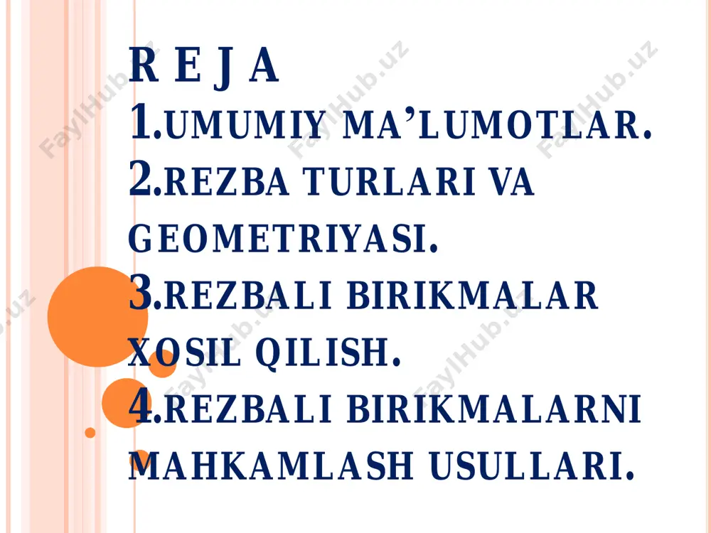 qadami; r1 -rezba yo’li, ya’ni bir marta to’la aylangan vintning o’q bo’ylab siljish masofasi; bir kirimli rezbalar uchun r1 = r, ko’p kirimli uchun esa r1 = n·p, bunda n – kirimlar soni; mahkamlash uchun mo’ljallangan rezbalar asosan bir kirimli bo’ladi;  –rezba shaklining burchagi;  –vint chizig’ining ko’tarilish burchagi (o’rta diametri bo’yicha): metrik rezbalar yirik qadamli va mayda qadamli bo’ladi. yirik metrik rezba ko’proq ishlatiladi. rezbani har qanday diametriga belgilangan qadam mos keladi. masalan, d =10 mm bo’lgan rezbaning qadami r =1,5 mm, d =16 mm bo’lsa, r =2 mm va h.k. metrik rezba «m» harfi va uning diametri bilan belgilanadi, masalan: m10; m16; va h.k. mayda qadamli rezbalar mashinasozlikning ayrim sohalarida ishonchli ishlashiga qo’yilgan talab juda yuqori bo’lsa ishlatiladi. bu rezbalarda ko’tarilish burchagining kichikligi hisobiga o’z-o’zini to’xtatish (tormozlanish) xususiyati nisbatan yuqori. bunday hususiyat biriktirilgan detallarni o’z-o’zidan bo’shab ketishiga ishqalanish kuchining kattaligi qarshilik ko’rsatadi. mayda qadamli rezbalarni belgilashda diametr …