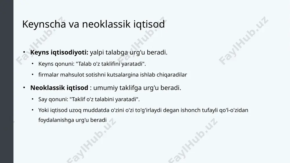 l xarajatlarini nima aniqlaydi? iste'mol harajatlari - bu uy xo'jaliklari va jismoniy shaxslarning uzoq muddat foydalaniladigan tovarlar, uzoq muddat foydalanilmaydigan tovarlar va xizmatlarga sarflagan xarajatlari. keyns iste'molga ta'sir qiluvchi uchta omilni aniqladi: bir martalik daromad kelajakda kutilayotgan daromad boylik yoki kredit investitsion xarajatlarni nima aniqlaydi? yangi kapital ishlab chiqarishga sarflangan xarajatlar investitsion xarajatlar deb ataladi keynsning investitsiyalarga bo'lgan munosabati biznes qarorlariga ta'sir qilishda kelajak haqidagi umidlarning asosiy roliga qaratilgan. kelajakdagi foydani kutish foiz stavkalari, shuningdek, firma qancha sarmoya kiritishini aniqlashda muhim rol o'ynaydi yalpi talabni belgilovchi omillar yalpi talabning kamayishi sabablari iste'mol soliqlarning oshishi daromadning pasayishi qiziqish ortishi ko'proq tejash istagi boylikning kamayishi kelajakda kutilayotgan daromadning pasayishi sarmoya kutilayotgan daromad darajasining pasayishi foiz stavkalarining oshishi biznesga bo'lgan ishonchni yo'qoting yalpi talabning o'sishining sabablari iste'mol soliqlarning kamayishi daromadni oshirish foiz stavkalarining pasayishi kamroq tejash istagi boylikning ortishi kelajakda kutilayotgan daromadning oshishi sarmoya kutilayotgan daromad darajasining oshishi foiz stavkalarini pasaytirish ishbilarmonlik ishonchini …