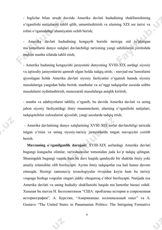 klda ilmiy yoki amaliy izlanishlar olib borilayapti. ayrim ilmiy tadqiqotlar esa hali hanuz davom etmoqda. hozirgi zamonaviy texnologiyalar rivojidan keyin ham bu tarixiy voqeaga boshqa voqealar singari jiddiy chuqurroq e`tibor berilayapti. natijada esa amerika davlati va uning hududiy shakllanishi haqida ma`lumotlar bazasi oshdi. xususan bu mavzu h. болховитинов “сша: проблемы истории и современная историография”, a. бурстин, “американцы: колониальный опыт” va a. gustavo “the united states in panamanian politics: the intriguing formative years” assarlari hamda bir qator tarixiy arxivlarida hamda yevropa va rus ensiklopedik asarlari orqali bu mavzu yaxshi o`rganilgan. davriy (xronologik) chegaralanishi: kurs ishining davriy chegarasi xviii asr o`rtalari va xix asrda amerika va inglizlar o`rtasidagi urushining, amerika mustaqillikkka erishishi va keyinchalik uning hududining kengayishini siyosiy va uning ijtimoiy–iqtisodiy ahamiyatini o`rganib tahlil qilishdan iborat. ishning hajmi: ushbu kurs ishi kirish, 2 bob, 4 bo`lim, xulosa, foydalanilgan adabiyotlar ro`yxati va ilovadan tashqari 32 varaqdan iborat. i bob. amerika britaniya mustamlakasi davrida. …