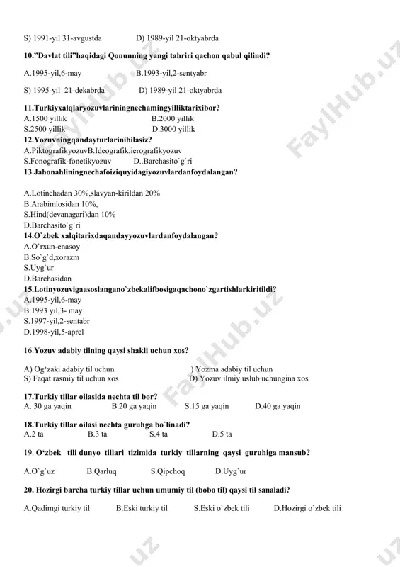 eologik birlik b.leksik birlik s.nutq birligi d. a va b 5.leksika deb nimaga aytiladi? a. tildagi barcha so`zlar b.tildagi barcha tovushlar s. tildagi barcha iboralar d. a va b 6.”leksikologiya”so`zi qaysi tildan olimgan? a.grek tilidan b.lotin tilidan s. yunon tilidan d.rus tilidan 7.qanday sozlar leksik ma`noli so`zlar hisoblanadi? a.mustaqil so`zlar b.yordamchi so`zlar s. ifodalovchi so`zlar d.b va s 8.leksikologiyaning o`rganish obyekti? a.nomlovchi so`zlar b.ifodalovchi sozlar s.ko`rsatuvchi so`zlar d.atovchi so`zlar 9.leksikologiyada so`zning qanday xususiyatlari haqida ma`lumot beriladi? a.so`zning ma`nosi,til birligi b.so`zning oz yoki o`zlashgan ekanligi s.so`zning shakl va ma`no munosabatlari d.barchasi 10.leksik ma`no nima? a.lug`viy ma`no b.tushuncha s.frazeologik ma`no d. a va b 11.lug`at nima? a.iboralar,maqollar b.so`zlar,matallar s.tartibga olingan to`plam d.a,b va s 12.so`zlarning lug`aviy ma`nolari beriladigan lug`at? a.ensiklopedik lug`at b.lingvistik lug`at s.izohli lug`at d.tarjima lug`ati 13.lingvistik lug`atlar tuzilish maqsadiga ko`ra necha xil bo`ladi? a. 2 xil b. 3 xil s. 4 xil d. 5 xil . 14.umumiy lug`atlar qanday bo`ladi? …