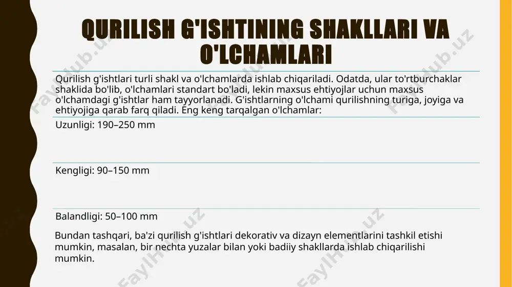 bu jarayonning asosiy maqsadi g'ishtning mustahkamligi, qattiqligi va chidamliligini oshirishdir. g'ishtlar odatda 900-1100°c oralig'ida pishiriladi. pishirish jarayonida g'ishtlar ichidagi mineral moddalarning kimyoviy reaktsiyalari yuz beradi, bu ularni kuchliroq va mustahkam qiladi. pishirishning davomiyligi va harorati g'ishtning sifatini yaxshilaydi, chunki bu jarayonning har qanday xatoligi yoki nomutanosibligi natijasida g'ishtlar o'z shaklini yo'qotishi yoki mo'rt bo'lib qolishi mumkin. pishirilgan g'ishtlar nihoyat, qurilish materiallari sifatida foydalanishga tayyor bo'ladi. bino qurilishi qurilish g'ishtlari eng ko'p bino qurilishida qo'llaniladi. g'ishtlar devorlarni qurishda asosiy material sifatida ishlatiladi. ular poydevorlar, tashqi va ichki devorlar, hamda boshqa turdagi qurilish konstruksiyalarida keng foydalaniladi. g'ishtning mustahkamligi, uzoq muddatli chidamliligi va qulay ishlov berish xususiyatlari uni binolarning asosiy qurilish materiali sifatida muvaffaqiyatli ishlatishga imkon beradi. ular yordamida yassi va tik devorlar yaratish, binolarni izolyatsiyalash, shuningdek, ob'ektlarning poydevorlarini mustahkamlash mumkin. g'ishtlardan qurilgan devorlar mo'rtlikni kamaytiradi va binolarning mustahkamligini oshiradi, bu esa binolarni uzoq muddat davomida xavfsiz ishlatish imkonini beradi. bundan tashqari, g'ishtlar …