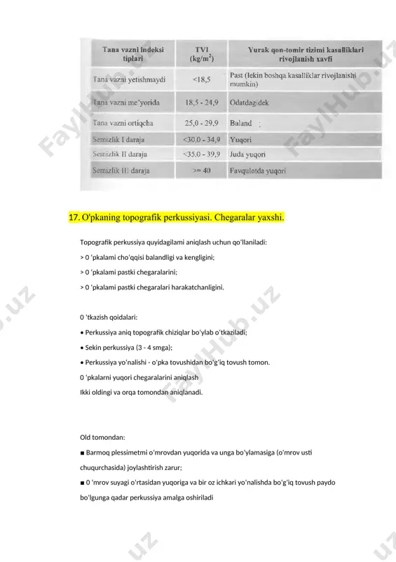 gligini; > 0 ‘pkalami pastki chegaralarini; > 0 ‘pkalami pastki chegaralari harakatchanligini. 0 ‘tkazish qoidalari: • perkussiya aniq topografik chiziqlar bo‘ylab o‘tkaziladi; • sekin perkussiya (3 - 4 smga); • perkussiya yo‘nalishi - o‘pka tovushidan bo‘g‘iq tovush tomon. 0 ‘pkalarni yuqori chegaralarini aniqlash ikki oldingi va orqa tomondan aniqlanadi. old tomondan: ■ barmoq plessimetmi o‘mrovdan yuqorida va unga bo‘ylamasiga (o'mrov usti chuqurchasida) joylashtirish zarur; ■ 0 ‘mrov suyagi o‘rtasidan yuqoriga va bir oz ichkari yo‘nalishda bo‘g‘iq tovush paydo bo‘lgunga qadar perkussiya amalga oshiriladi orqa tomondan: ■ 0 ‘pka cho‘qqisi balandligini aniqlash uchun bemor qo‘llarini tanasi bo‘ylab tutadi. boshi oldinga egilgan, vrach esa uning ortida joylashadi; ■ barmoq-plessimetr kurak suyagining ustki qismi chuqurchasiga kurak o‘qi bo‘ylab joylashtiriladi va o‘rta qismidan boshlab perkussiya qilinadi. bunda barmoq vii bo‘yin umurtqasi o‘tkir o‘sig‘i darajasigacha bo‘g‘iq tovush paydo bo‘lganga qadar asta-sekin harakatlantirib boriladi. sog‘lom kishida o‘pkalaning yuqori chegarasi old tomondan o‘mrov suyagidan 3 - 4 …