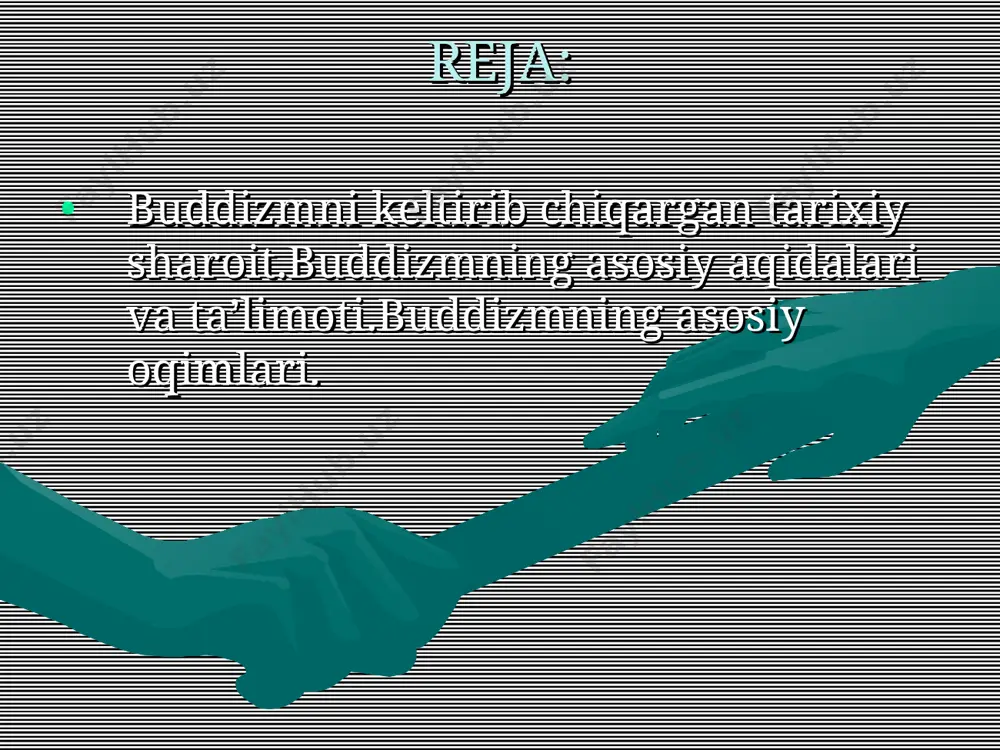 va «abnixishkramansutra». buddizm ta’limoti. buddizm qadimiy hind diniy-falsafiy ta’limotlari asosida vujudga kelgan, o’ziga xos nazariyot va amaliyotdan iborat bo’lgan diniy tizimdir. budda yangi diniy qonun-qoidalar, rasm-rusumlar ishlab chiqmagan, balki har bir inson tug’ilish va o’lim mashaqqatlaridan qutilishi uchun amal qilishi lozim bo’lgan bir necha ko’rsatmalarni ishlab chiqdi, xolos. uning ta’limoti insonning xayolida, ishlarida va o’zini tutishida samimiy oliyjanoblik g’oyasini ilgari suradi. u vedalardagi gunohsizlik ta’limotini inkor qildi, hayvonlarni vahshiyona qurbon qilishni qoraladi, varna (kasta) tizimini va undagi ruhoniylarning boshqalardan ustunligini inkor qildi. 1. axloq normalari – «pancha shila» (buddaning besh nasihati):qotillikdan saqlanish; o’g’rilikdan saqlanish; gumrohlikdan saqlanish; yolg’on, qalbaki narsalardan saqlanish; mast qiluvchi narsalardan saqlanish. meditatsiya. to’g’ri tushunish (to’g’ri e’tiqod qilish) – buddaning birinchi da’vatida so’z yuritilgan to’rt haqiqatni bilish va unga ishonish; to’g’ri niyat qilish – dunyoviy lazzat-halovatlardan xalos bo’lishga, keraksiz fikrlar va boshqalarga zarar yetkazib qo’yishdan saqlanishga intilish; o’zini to’g’ri tutish – o’ziniki bo’lmagan narsaga ko’z olaytirmaslik, ortiqcha hissiyotga …