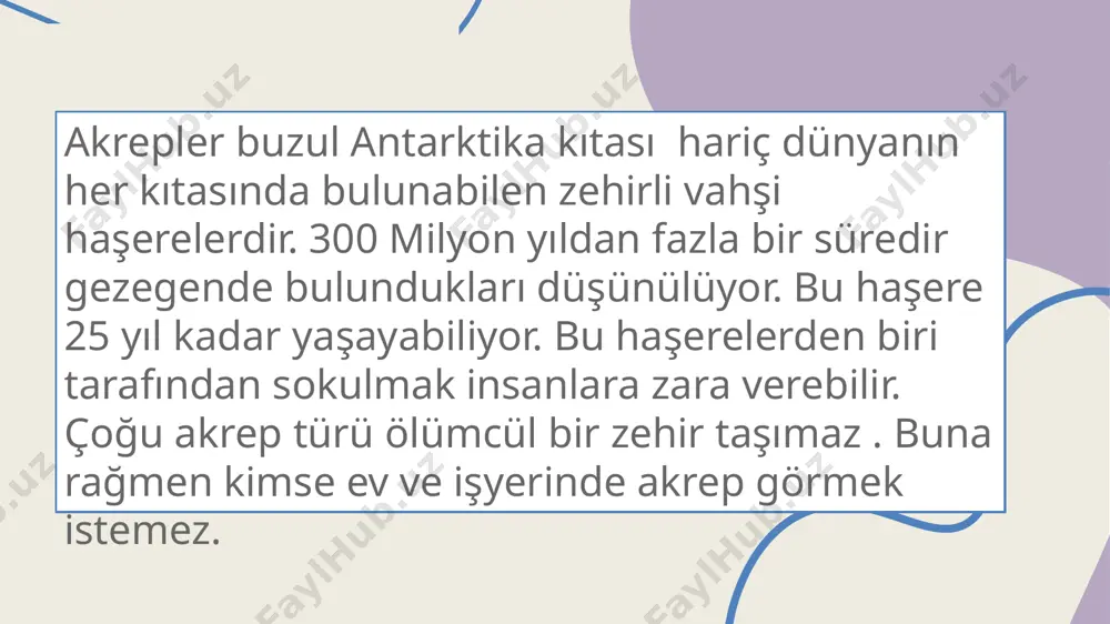 adan ‘insan katili’ anlamına gelir. androctonus cinsindeki bu akrep belirgin şekilde geniş ve büyük kuyruğu nedeniyle yağ kuyruklu akrep veya kuyruğun siyah rengi sebebiyle siyah akrep olarak da bilinir. 12 13 siyah akrep (androctonus crassicauda) dünyanın en tehlikeli akreplerinden biri olarak kabul edilir. her yıl insan ölümüne neden olduğu bilinen son derece güçlü bir zehire sahiptir. bu akrep türü, orta doğu ve kuzey afrika’nın kurak ve yarı kurak bölgelerinde bulunur. ülkemizde güneydoğu anadolu bölgesinde bu akrep türü görülmüştür. türkiye, suriye, irak, i̇ran, pakistan, afganistan gibi ülkelerde varlığı tespit edilmiştir. 13 i̇lginiz için teşekkür ederiz image4.png image1.png image5.png image6.png image2.png image3.svg image7.png image8.png image9.png image10.png image11.png image12.png image13.png .msftofcthm_accent2_fill_v2 { fill:#ac5b4c; } /docprops/thumbnail.jpeg