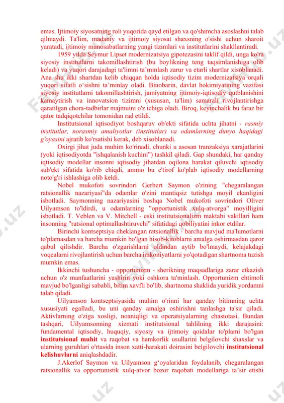 arq sifatida shakllanadi. davlat tadbirkorlik subyektlari o‘rtasida “vakolatli” unvoni uchun raqobatni rag‘batlantiradi. ushbu tanlovda davlatning rezidentlari ham, norezidentlari ham ishtirok etishlari mumkin. davlat buyurtmasi va kafolatlangan kreditlar sohasida ham biznes-rejasi samaraliroq bo'lgan kishi g'alaba qozonadi. iqtisodiy xavfsizlikni ta'minlash zaruratidan kelib chiqadigan iqtisodiy tartibga solish parametrlari vakolatli tashkilotlar uchun ko'rsatma hisoblanadi. yerdan foydalanish va strategik xom ashyoni eksport qilishda davlat manfaatlarini himoya qilish uchun yer va yer osti boyliklari davlat mulki ob'ekti bo'lib xizmat qiladi. yerdan foydalanish shakllari, agar u samarali strategiyani amalga oshirishga yordam bersa, turli xil bo'lishi mumkin: davlat, jamoa, xususiy, shu jumladan ijara asosida va xorijiy kapitalni jalb qilish. institutsional siyosatning maqsadini institutlar uchun institutlar yaratish deb hisoblash mumkin emas, u pirovardida ijtimoiy-iqtisodiy samaradorlikni ta'minlashga, jamiyatning maqbul farovonlik darajasiga erishish uchun iqtisodiy salohiyatining barcha imkoniyatlarini ochib berishga qaratilgan bo'lishi kerak. ushbu maqsadga erishish uchun institutsional siyosat agentlarning iqtisodiy manfaatlari o'rtasidagi qarama-qarshiliklarni bartaraf etishi va konsensusga erishishni ta'minlaydigan barcha …
