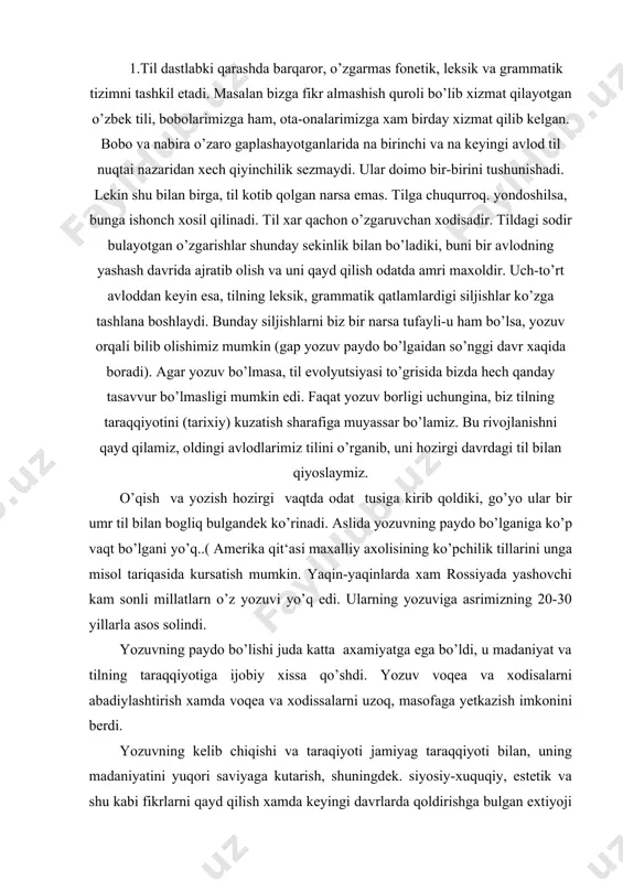 yozuv voqea va xodisalarni abadiylashtirish xamda voqea va xodissalarni uzoq, masofaga yetkazish imkonini berdi. yozuvning kelib chiqishi va taraqiyoti jamiyag taraqqiyoti bilan, uning madaniyatini yuqori saviyaga kutarish, shuningdek. siyosiy-xuquqiy, estetik va shu kabi fikrlarni qayd qilish xamda keyingi davrlarda qoldirishga bulgan extiyoji eng buyuk madaniy kashfiyotlar dan biri bo’lib, kishilik jamiyatining xar tomonlama taraqqdiyotda juda katta roli va o’ziga xos axamiyati bor. p.yozuv taraqqiyoti quyidagi bosqichlarni o’z ichiga oladi: piktografik, idiografik va fonografik. piktografik, yozuv. ko’pchilik olimlarning fikricha, har qanday yozuvning asosida musavvirlik yotadi. atrof-tevarakdagi narsalarni suratda aks ettirish xamma xalqlarga xosdir. shuning uchun xozirgi zamon yozuvi bulmagan paytda odamlar ba‘zi xodisa va voqealarni uzoq, masofaga yetkazish niyatida yoki zamonda abadiylashtirishni, jonli va jonsiz narsalarning rasmini chizish yuli bilan amalga oshirgan. bunday yozuv piktogrfik yozuv deb nom olgan. bu atama ikki so’zdan iborat bulib, birinchi yarmi ,lotincha pictus (chizilgan) va ikkinchi yarmi grekcha qvapno (yozaman) degan ma‘nolarni anglatadi. bu yozuvning …