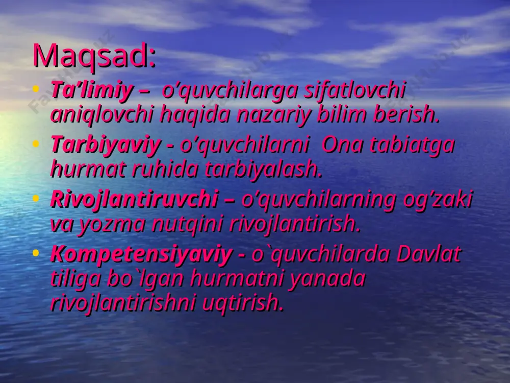 srash butunlay yot tushuncha edi. natijada serunum yerimiz kasallandi, beg’ubor havo, musaffo suvlar bulg’andi. hozirda tabiatga qarash butunlay o’zgardi. mustahkamlash 155-mashq. matnni o’qib, mazmunini sharhlash, ajratib ko’rsatilgan so’zlarga izoh berish. bugungi kunga kelib ekologik muammo hayotmizning eng dolzarb masalasiga aylandi. uzoq yillar davomida bu muammolarni hal etish uchun jiddiy ish olib borishga yo’z berilmaydi. u davrlarda bepoyon o’lkamizining beqiyos boyliklarini asrash butunlay yot tushuncha edi. natijada serunum yerimiz kasallandi, beg’ubor havo, musaffo suvlar bulg’andi. hozirda tabiatga qarash butunlay o’zgardi. qaratqich aniqlovchi narsa- buyumning kim, nima yoki qayerga mansubligi,qarashliligini bildirib, o‘zidan keyingi bo‘lakka moslashuv yo‘li bilan tobelangan aniqlovchilarga qaratqich aniqlovchi deyiladi. qaratqich aniqlovchi ot, olmosh,harakat nomi va otlashgan so‘zlar bilan ifodalanib, kimning,nimaning, qayerning kabi so‘roqlardan biriga javob bo‘ladi. oyimlarning aytishicha, keyinchalik dadamlar ham bu qilmishidan pushaymon bo‘lganlar. (o.yoqubov)u hozir hammaning kallasini g‘ovlatgan shum xabarni hech o‘ylamayapti... (a.muxtor) izohlovchi aniqlovchi izohlovchi aniqlovchi shaxs va narsani boshqa (turi,mansabi, laqabi, kasbi, qarindoshligi kabilar) tomonidan …