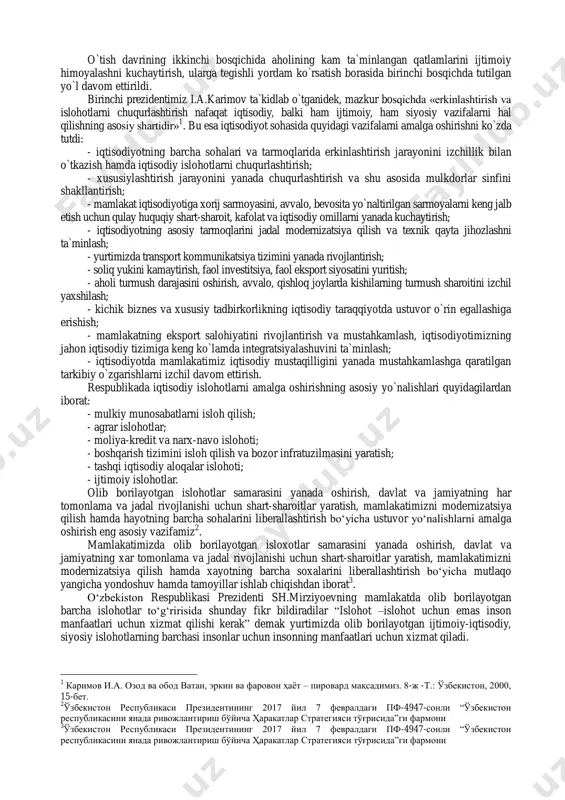 tchi bo l̀ishi; - butun yangilanish va taraqqiyot jarayoni qonunlarga asoslanishi, qonunlar ustuvorligining ta`minlanishi; - bozor munosabatlariga o`tish bilan bir qatorda aholini ijtimoiy himoyalash sohasida kuchli chora-tadbirlarni amalga oshirish; - bozor munosabatlarini bosqichma-bosqich qaror toptirish. birinchi prezidentimiz i.a.karimov o`zbekiston respublikasi oliy majlisi qonunchilik palatasi va senatining 2010 yil 12 noyabridagi qo`shma majlisidagi ma`ruzasida “biz islohotlarni inqilobiy usulda, ya`ni “shok terapiyasi” yo`li bilan amalga oshirishdan ongli ravishda voz kechib, tadrijiy taraqqiyot yo`lini tanlab olganimiz tufayli xalqimizni qanday o`gir oqibatlarga olib kelishi mumkin bo`lgan iqtisodiy va ijtimoiy to`fonlardan asrab qolishga muvaffaq bo`lganimizni bugun hayotning o`zi tasdiqlab bermoqda” 1 , - degan. mamlakatni 1991-2000 yillar davomida isloh qilish va yangilash bosqichida milliy davlatchilikni shakllantirish respublikamizni barqaror rivojlantirishda mustahkam zamin bo`ldi. tarixan qisqa vaqt ichida sovet davridagi eski ma`muriy-buyruqbozlik tizimiga barham berildi, milliy davlatchilikni shakllantirishning puxta huquqiy asoslari yaratildi, davlat hokimiyatining qonun chiqaruvchi, ijro etuvchi va sud hokimiyati tarmoqlari tashkil etildi, ijtimoiy va fuqarolik …
