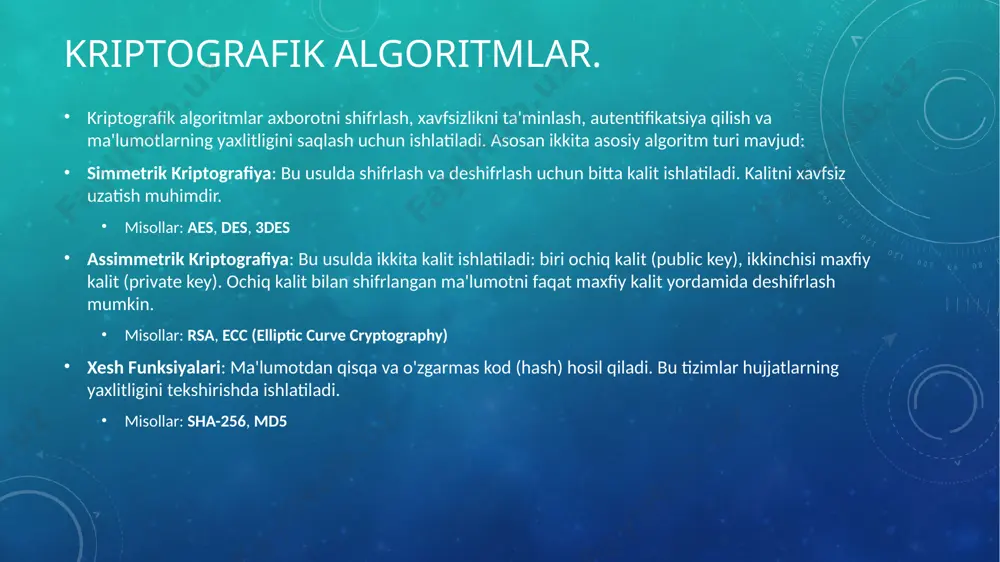 a ma'lumotlarni shifrlash, autentifikatsiya qilish va yaxlitlikni ta'minlash uchun kriptografik algoritmlar ishlatiladi. bu protsedura ko‘pincha hujjatlarni yuborish yoki veb-sayt bilan aloqada bo‘lishda xavfsizlikni oshiradi. kriptografik hujjatlarni realizatsiya qilish kriptografik algoritmlar hujjatlarni realizatsiya qilishda quyidagi usullardan foydalanish mumkin: a. hujjatlarni shifrlash va deshifrlash hujjatni shifrlash uchun, masalan, aes yordamida simmetrik kriptografiya yoki rsa yordamida assimmetrik kriptografiya ishlatilishi mumkin. bu jarayonlarda, shifrlangan hujjatni faqat tegishli kalitlar yordamida deshifrlash mumkin. b. digital imzo yaratish hujjatga raqamli imzo qo‘yish uchun rsa yoki ecdsa kabi algoritmlar ishlatiladi. hujjatni imzolash jarayonida, hujjatning xesh qiymati olinadi va maxfiy kalit yordamida imzolash amalga oshiriladi. c. xesh funksiyalari hujjatning yaxlitligini tekshirish uchun sha-256 kabi xesh algoritmlaridan foydalanish mumkin. bu orqali hujjatni olgandan so‘ng uning original yoki o‘zgartirilganligini tekshirish mumkin. kriptografik hujjatlarni boshqarish hujjatlar bilan ishlashda, kalitlarni boshqarish juda muhim. maxfiy kalitlar va sertifikatlarni xavfsiz saqlash uchun: kalit saqlash tizimlaridan (key management systems) foydalanish. xavfsiz hujjatlarni saqlash va yuborish uchun …
