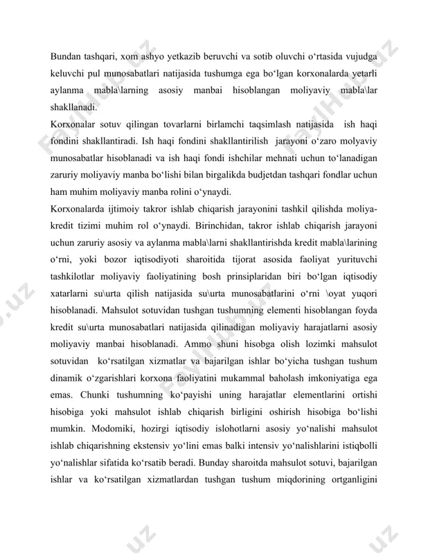 an ishlar va ko‘rsatilgan xizmatlardan tushgan tushum miqdorining ortganligini moliyaviy samaradorligini baholash uchun uning taqsimlanishi yo‘nalishlarida pul okimlarini baholashni lozimligini ko‘rsatadi. 2. xo‘jalik yurituvchi subyektlar iqtisodiy faoliyatining mustahkamligi moliyaviy mabla\larni tashkil etish va moliyaviy resurslarni harakatini samarali tashkil etish orqali erishiladi. moliyaviy mabla\larni shakllanishi va ishlatilishi mexanizmi ularning mohiyatini tushunishni, amaliyotda moliyaviy menejement uslublari va ko‘rsatmalaridan, shu jumladan moliyaviy tahlil va rejalashtirish kabilardan foydalanishni talab etadi. shakllanayotgan bozor iqtisodiyoti obyektiv taraqqiyotining shiddatliligi va o‘tish davriga hos ziddiyatlarning mavjudligi ko‘pchilik korxonalarni to‘lovga layoqatsizlikka va inqirozga yuz tutishga olib keladi. bu sharoitlarda moliyaviy mabla\larning mohiyatini faqatgina pul mabla\larining tashkil topish manbai sifatida tushunish ularning bozor iqtisodiyoti shakllanishi va tadbirkorlik faoliyatining taraqqiyotidagi roli va ahamiyatini to‘la yorita olish imkoniyatini bermaydi, hamda korxonalar moliyaviy mabla\larni okilona boshqarishning ahamiyatini tushunib yetmaslikka olib keladi. shunday qilib korxonalar moliyaviy mabla\lari mohiyatini urganish va ularni yanada samaralirok harakatini tashkil etish yo‘llarini qidirib topish xo‘jalik amaliyoti nazariyasi uchun dolzarb …