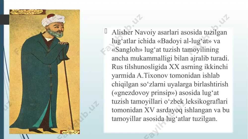 illar (harakat qiluvchi shaxslar nomlari) o‘rganiladi. bunday fe’llar qatoriga -guchi (-g‘uchi, -kuchi, -quchi), -agan (-agan), -r shakllari hamda kasb nomlari hosil qiluvchi -chi, -vul, -gun (-qun, -kun), -chak shakllari kiritiladi. beshinchi bobda ismi maf’ul atamasi ostida o‘tgan zamon sifatdoshi (-mish, -lig, -lik) -lug, gun (-g‘un) kabi, oltinchi bobda fe’li amr atamasi bilan buyruq mayli shakllari bayon qilingan. sakkizinchi bobda fe’li nafi nomi ostida fe’lning bo‘lishsizlik shakllari, to‘qqizinchi bobda hol (ravish va ravishdosh) shakllari, o‘ninchi bobda affikslarning o‘zakka qo‘shilish usullari bayon qilinadi. ikkinchi mabnada fe’l shakllari hosil qiluvchi affikslarning fonetik variantlari va ularning qo‘llanilish xususiyatlari haqida fikr yuritiladi. uchinchi mabna olmoshlarni o‘rganishga bag‘ishlanadi. olmoshlar ismi ishora (ko‘rsatish olmoshlari), zamoiri-munfasala (bunga kishilik olmoshlari va -men, -sen, -biz, -siz kabi bog‘lamalar kiritiladi), zamoiri muttasila (bunga egalik qo‘shimchalari kiritiladi) kabi turlarga bo‘linadi. to‘rtinchi mabnada harf atamasi ostida affikslar ro‘yxati va ularning tavsifi beriladi. beshinchi mabna esa grammatikalashayotgan olmoq, tushmoq, bilmak, kirishmak, yazmak, ko‘rmak kabi …