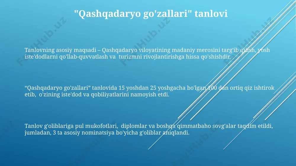 kiradi. navro'z bayrami qashqadaryoda 21-mart kuni keng ko'lamli tadbirlar bilan, minglab ishtirokchilar bilan nishonlanadi va an'anaviy o'yin-kulgilar, musiqa va raqslar bilan boyitilgan. bayramning asosiy an'analaridan biri – “somon” o'stirish bo'lib, u 7 kun davomida suvda o'stiriladi va boy hosilni ramzlaydi, bu marosimlarga 100 dan ortiq oilalar jalb etiladi. "kitob bayrami" bayram doirasida adabiyotshunoslar, yozuvchilar va shoirlar ishtirokida 20 dan ortiq adabiy tadbirlar, seminarlar va master-klasslar o'tkaziladi. festival davomida 10 ga yaqin bolalar uchun mo'ljallangan animatsion filmlar va teatrlashtirilgan tomoshalar namoyish etiladi. “kitob bayrami”da 50 dan ortiq nashriyot va kitob sotuvchilar ishtirok etib, 100 000 dan ziyod kitoblar taklif etiladi. "shox rustam" bayrami bayram doirasida 50 dan ziyod xalq hunarmandlari o'z mahsulotlarini namoyish etib, 200 dan ortiq turdagi milliy taomlar taklif etiladi, shuningdek, madaniy-ma'rifiy dasturlar namoyish etiladi. “shox rustam” bayrami 15-20 mingdan ortiq tomoshabinni jalb qiladi va an'anaviy milliy kurash musobaqalari, 10 dan ortiq turdagi hunarmandchilik ko'rgazmalari bilan birga o'tkaziladi. shox …