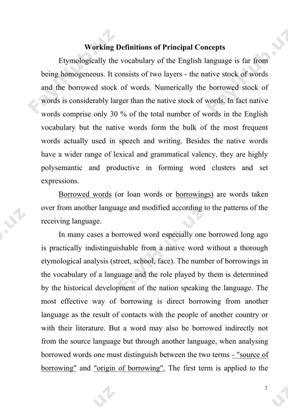 of borrowing" and "origin of borrowing". the first term is applied to the language from which the word was immediately borrowed, the second - to the language to which the word may be ultimately traced e.g. table - source of borrowing - french, origin of borrowing - latin elephant - source of borrowing - french, origin-egypt convene - source of borrowing - french, origin-latin. the closer the two interacting languages are in structure the easier it is for words of one language to penetrate into the other. there are different ways of classifying the borrowed stock of words. first of all the borrowed stock of words may be classified according to the nature of the borrowing itself as borrowings proper, translation loans and semantic loans. translation loans are words or expressions formed from the elements existing in the english language according to the patterns of the source language (the moment …