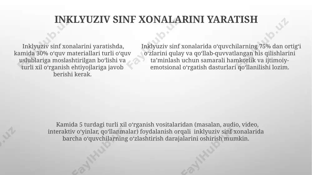 i bo'yicha qayta tayyorlash kiradi. inklyuziv ta'limga davlat byudjetidan ajratilgan mablag'larni 2024 yilga qadar 15% ga oshirish va inklyuziv texnologiyalarni joriy etish rejalashtirilgan. inklyuziv ta'limning samaradorligini oshirish uchun 2025 yilgacha monitoring va baholash tizimini takomillashtirish, ma'lumotlar bazasini yaratish va statistik ko'rsatkichlarni yig'ish lozim. texnologiyalardan foydalanish interaktiv oʻquv platformalari, oʻrtacha 70% gacha oʻquvchilarning ishtiroki va faolligiga yordam beradi, shu bilan birga ularning oʻzlashtirish darajasini oshiradi. inklyuziv ta’limda texnologiyalar, masalan, oʻquv dasturlari va oʻyinlar orqali kamida 5 turdagi oʻquv ehtiyojlarini qondirishi mumkin, bu esa individual yondashuvni ta’minlaydi. inklyuziv ta’limda texnologiyalar, masalan, oʻquv dasturlari va oʻyinlar orqali kamida 5 turdagi oʻquv ehtiyojlarini qondirishi mumkin, bu esa individual yondashuvni ta’minlaydi. qo'llab-quvvatlash xizmatlari qo'llab-quvvatlash xizmatlari o'quvchilarning 70% gacha bo'lgan qismini o'z ichiga olgan keng spektrli ehtiyojlarni qondirish uchun individual va guruhlarga mo'ljallangan 3 dan ortiq turdagi yordamlarni taqdim etadi. qo'llab-quvvatlash xizmatlarining sifatini baholashda, kamida 5 ta mezon, jumladan, o'quvchilarning akademik yutuqlari va ijtimoiy-emotsional rivojlanishi hisobga …