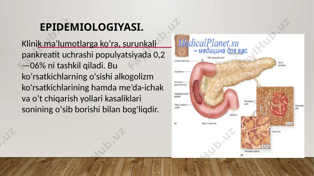 da kuchayib, oldinga engashgan holatda o'tirganda susayadi. dispepsik sindrom. kekirish, jigilldon qaynashi, ko‘ngil aynishi belgilar bilan kechib, 12 b.i. diskineziyasi va duodenostaz bilan bog'liqdir. endokrin yetishmasligi. langerxans orolchasining zararlanishi natijasida uning endokrin faoliyati buziladi. gipoglikemik sindrom — glyukagon yetishmasligi natijasida kelib chiqadi. qandli diabet — insulin yetishmasligi natijasida kelib chiqadi. bu holatlar surunkali pankreatit kechishida gipoglikemiyaga mo- yillik, insulinga muhtojlik, ketoatsidoz rivojlanishiga sabab bo‘ladi. ekzokrin yetishmasligi. tchakda hazm bo‘lish va so‘rilish jarayon- larning buzilishi va ingichka ichakda infeksiya rivojlanishi bilan bog‘liq. belgilari: ich ketishi, steatoreya (yaqqol steatoreyada bemor najasi bo'tqasimon, yog‘li yaltiroq va badbo‘y hidli bo'ladi), meteorizm, qo- rin sohasidagi og‘riq, ko'ngil aynishi, qusish, ishtaha yo'qolishi, ozish va gipovitaminoz (а, в, e, к va bl2) belgilar kiradi. surunkali pankreatitning klinik shakllari latent (og'riqsiz) shakli — 5% bemorlarda uchraydi va quyidagi klinik belgilar bilan namoyon bo‘ladi: og'riq bo‘lmaydi yoki kuchsiz ifodalangan; vaqt-vaqti bilan bemorlarni kuchsiz namoyon bo‘lgan dispeptik belgilar (ko'ngil aynishi, …