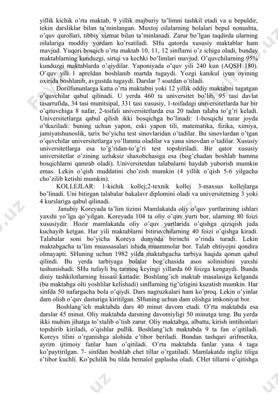 novlari murakkabroq bo’ladi. mashhur universitetlarga kirish uchun sat sinovlarini topshirish shart bo’ladi. bulardan tashqari murakkablashtirilgan sinov ham bor. bu sinovni oliy maktablarga kirayotgan barcha talabalar ham topshirishlari shart emas. mabodo biror talaba shu murakkablashtirilgan sinovlarni topshirib universitetga kirsa, u talabaga maxsus stipendiya beriladi. amerikaning eng katta boyligi — bu aql. aql bu mamlakatda qadrlanadi, aqlli talabalar alohida taqdirlanadi. aqlli, a’lochi talabalar o’quv yurtlarining faxri sanalgani sababli ham, ularga turli yo’llar bilan yordam berish, stipendiyalar tayinlash orqali ularni o’quv yurtlarida saqlashga harakat qiladilar. o’zi tanlagan sohada yutuqlarga erishayotgan talabalar ro’yxati har yili alohida kitobda nashr etilib turiladi. bundan maqsad mazkur soha bilan qiziquvchi kompaniyalarning e’tiborini bo’lajak olimlarga qaratishdir. yaponiyada ta’lim tizimi majburiy ta’lim. ta’limning pog’onasi 6 yoshdan 15 yoshgacha bo’lgan bolalarni o’z ichiga oladi. 6 yillik boshlang’ich ta’lim va 3 yillik kichik o’rta maktab, 9 yillik majburiy ta’limni tashkil etadi va u bepuldir, tekin darsliklar bilan ta’minlangan. muxtoj oilalarning bolalari bepul …