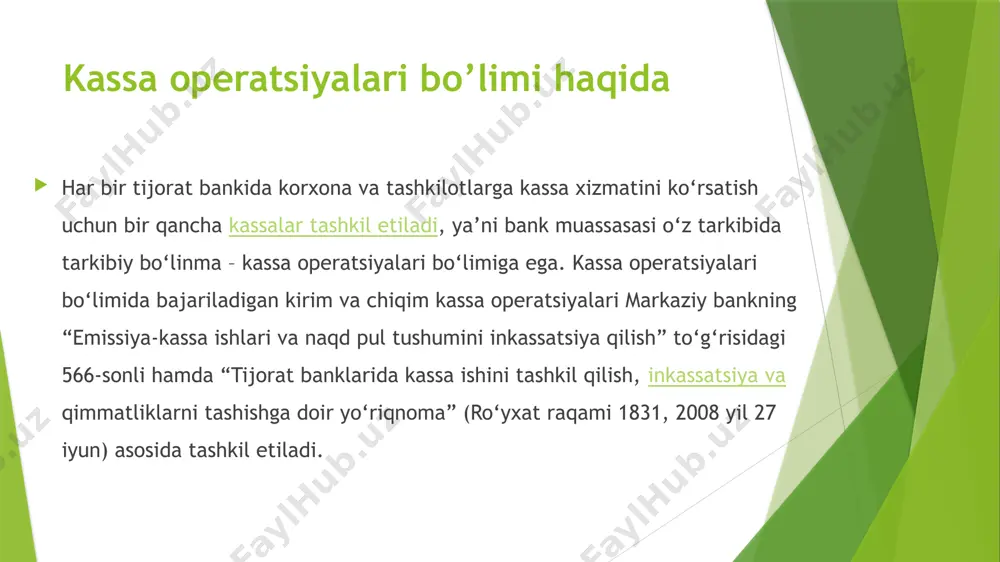 ‘ldirilganligini tekshirib chiqadi, agar operatsiya o‘tkazish mumkin deb topsa,hujjatning barcha qismlariga o‘z imzosini qo‘yib, ushbu hujjatni kassaning kirim jurnaliga qayd etadi. kunning oxirida kassaning kirim operatsiyalari bo‘yicha quyidagi bugalteriya yozuvlari amalga oshiriladi. ya’ni bu holda bank kassasi bilan birga pul topshirgan korxona hisob varag‘ida ham topshirgan summada mablag‘ ortadi. debet 10101 – bankning aylanma kassasidagi naqd pullar kredit 20200 – mijozlarning talab qilib olinguncha saqlanadigan depozitlari agar pul topshiruvchi korxona xususiy korxona bo‘lsa, u holda quyidagi buxgalteriya provodkasi bajariladi. debet 10101 – kredit 20208 – bu buxgalteriya yozuvlaridan shuni ko‘rish mumkinki, bir tomondan bank kassasi, ikkinchi tomondan korxona depozit hisobvarag‘i ko‘payyapti, bu hisobvaraqlarning biri aktiv, ikkinchisi esa passiv, shuning uchun bank balansining har ikkala ham aktiv, ham passiv tomoni bir xil summaga ortadi. mijozlarga bank tomonidan kreditlar naqd pulda berilgan bo‘lsa ular albatta naqd pul ko‘rinishida qaytarilishi kerak. mijozlar tomonidan olingan kredit grafik asosida belgilangan muddatlarda naqd pul topshirish orqali …