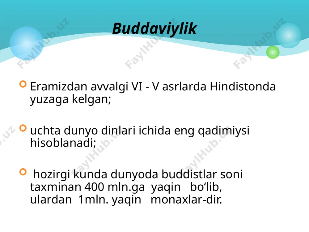gilagan. buddaviylik ta'limoti: qadimiy hind diniy - falsafiy ta'limotlari asosida vujudga kelgan, amaliyot va nazariyotdan iborat diniy tizimdir. uning asosi «hayot - bu azob, uqubatdir» va «najot yo‘li mavjud» degan g‘oyadir. buddaning ilk da'vati mujassamlashgan 4 haqiqatda o‘z ifodasini topgan. birinchi haqiqat - «azob uqubat mavjuddir» har bir tirik jon boshidan kechiradi, shuning uchun har qanday hayot - qiynoq, azob-uqubatdir. ikkinchi haqiqat - «qiynoqlarning sabablari mavjuddir» inson moddiy narsalar yoki ma'naviy qadriyatlardan foydalanib, ularni haqiqiy va doimiy deb hisoblaydi va doimo ularga ega bo‘lishga intiladi. uchinchi haqiqat - «qiynoqlarni tugatish mumkin» yaxshi yoki yomon niyatlar, intilishlardan butunlay uzilish nirvana (ruhning oliy maqomga erishishi) holatiga to‘g‘ri keladi. to‘rtinchi haqiqat - « qiynoqlardan qutilish yo‘li mavjuddir» bu yo‘l - «sakkizta narsaga amal qilish, to‘g‘ri tushunish, to‘g‘ri harakat qilish, to‘g‘ri muomalada bo‘lish, fikrni to‘g‘ri jamlash» (meditatsiya). buddizm ta'limoti asosan uch qismdan iborat: meditatsiya ahloq donolik meditatsiya: to‘g‘ri tushunish; to‘g‘ri niyat qilish; to‘g‘ri o‘zini …