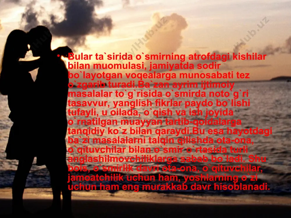 r, jonkuyar, ehtiyotkor bo`lishlari lozimligi to`g`risida barvaqt tasavvurga ega bo`ladilar. jinsiy tarbiyaning mazmuni bolaning yoshiga qarab o`zgarib boradi. jumladan: - boshlang`ich sinflarda jinsiy tarbiyaning asosiy maqsadi qiz va o`g`il bola organizmining o`ziga xos xususiyatlari, uning normal rivojlanishini ta`minlash va shaxsiy gigiyenaga doir tushunchalar, ya`ni kun tartibiga rioya qilish, ovqatlanish qoidalari, pokizalik, parta-stol va stulda to`g`ri o`tirish, o`qish va yozish gigiyenasi kabi masalalar bo`yicha bolalarda tushuncha hosil qilish; - o`rta sinflarda 11-13 yoshlik qiz bolalarga xotin-qizlar gigiyenasi bo`yicha maxsus bilim berish talab etiladi.shu yoshdagi o`g`il bolalarga popiros chekish, nos otish, spirtli ichimliklarning odam organizmiga hamda kelajak avlod sog`lig`iga zarari to`g`risida ma`lumot beriladi; - yuqori sinf o`quvchilariga o`smirlik davrida organizmda yuzaga keladigan fiziologik va psixologik o`zgarishlar, qiz va yigit o`zaro munosabatlarining madaniy shakllanishi (samimiy sevgi, do`stlik, o`zaro hurmat), oilaviy turmush qurish yoshi, oilaviy hayotning mazmuni va maqsadi, oilaviy turmushning iqtisodiy, ijtimoiy-gigiyenik muammolari va murakkabliklar to`g`risida batafsil tushuncha beriladi. bunda suhbat o`g`il va …