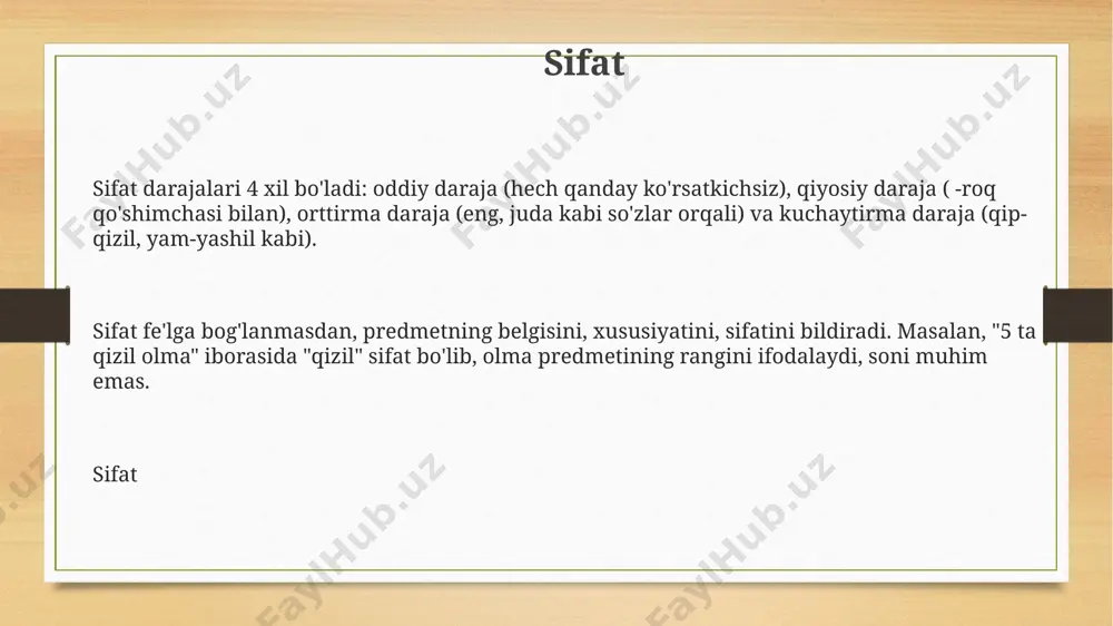 mlari gapda so'z turkumlari ot, sifat, son, olmosh, fe’l, ravish, ko’makchi, bog’lovchi, undov kabi 9 ta asosiy guruhga bo’linadi. har bir turkum o’z grammatik xususiyatlariga ega. gapda so'z turkumlaridan otlar 6 ta kelishik shakliga ega bo’lib, kelishik qo’shimchalari orqali so’zlarning gapdagi o’rnini aniqlashda muhim ahamiyat kasb etadi. fe'l fe'llar o'timli va o'timsiz bo'lishi mumkin. o'timli fe'llar to'g'ridan-to'g'ri to'ldiruvchini talab qiladi (masalan, "kitob o'qidi"), o'timsiz fe'llar esa talab qilmaydi ("uxladi"). bu ikki tur o'rtasidagi farq juda muhimdir. o'zbek tilida fe'llar qo'shimchalar yordamida turli shakllarga ega bo'ladi. masalan, -moq, -di, -yapti kabi qo'shimchalar fe'lning ma'nosini o'zgartiradi va uning 3 shaxsda qanday o'zgarishini ko'rsatadi. fe'l so'z turkumi predmetning harakatini yoki holatini ifodalaydi. unda zamon, shaxs, son kabi grammatik kategoriyalar mavjud bo'lib, o'zbek tilida 6 ta zamon shakli (o'tgan, hozirgi, kelasi va boshqalar) mavjud. olmosh olmoshlar gap tuzilishida muhim rol o'ynaydi, chunki ular so'zlarni takrorlashni oldini oladi. misol uchun, "ali kitob o'qidi. u juda …