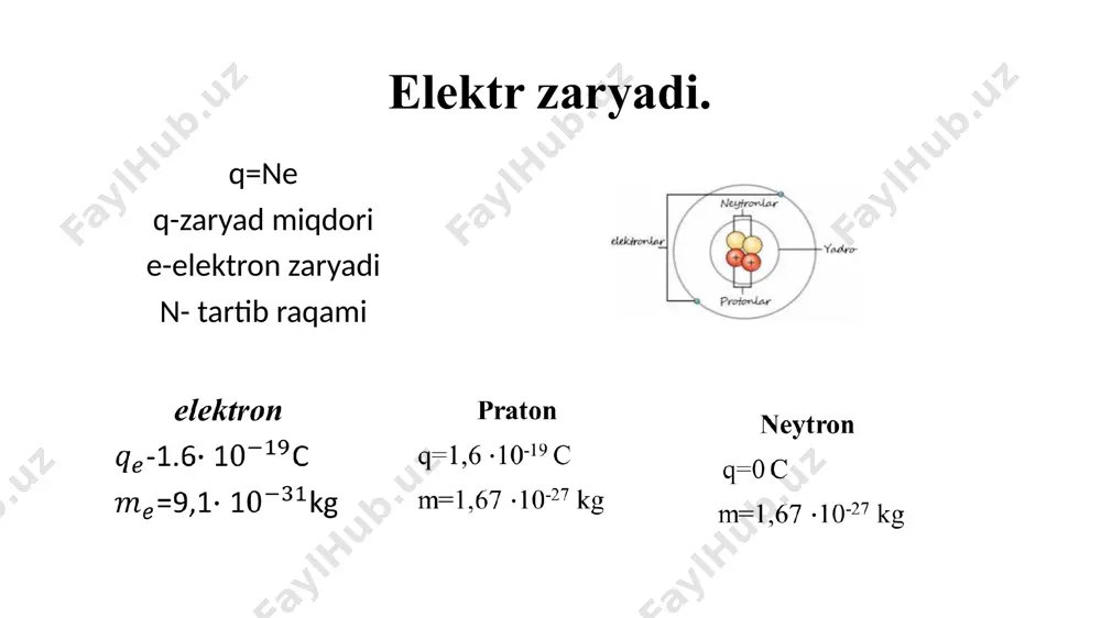 12 nc zaryadga 3 mn kuch ta’sir etmoqda. shu nuqtadagi maydon kuchlanganligini toping. 2.maydonning biror nuqtasidagi 14 nc zaryadga 7 mn kuch ta’sir etmoqda. shu nuqtadagi maydon kuchlanganligini toping. 3.maydonning biror nuqtasidagi 6 nc zaryadga 72 mn kuch ta’sir etmoqda. shu nuqtadagi maydon kuchlanganligini toping. 4.elektr maydon kuchlanganligi 2 v/m bo’lgan nuqtada joylashgan 12 nc zaryadga qanday kuch ta’sir qiladi? 5. elektr maydon kuchlanganligi 2 4 mv/m bo’lgan nuqtada joylashgan 5 mc zaryadga qanday kuch ta’sir qiladi? 6.elektr maydon kuchlanganligi 5k v/m bo’lgan nuqtada joylashgan 12 pc zaryadga qanday kuch ta’sir qiladi? elektr maydon potensiali. 1.elektrostatik maydonning biror nuqtasidagi 5 nc zaryad 25 mj potensial energiyaga ega. shu nuqtaning maydon potensialini toping. 2. elektrostatik maydon potensiali 10v bo’lgan nuqtasidag joylashgan nuqtaviy 0,01mc zaryadning potensial energiyasini toping. 3.elektr maydonning potensiali 200v bo’lgan nuqtasida joylashgan zaryadning potensial energiyasi 5 mj. shu zaryadning miqdorini aniqlang. 4.elektrostatik maydonning biror nuqtasidagi 7 nc zaryad 147 …