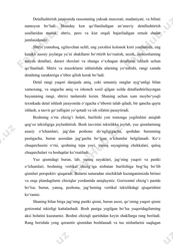 va orqa plandagilarni chiziqlar yordamida aniqlaymiz. gorizontal chizig‘i pastda bo‘lsa; burun, yanoq, peshona, jag‘larning vertikal tekislikdagi qisqarishini ko‘ramiz. shuning bilan birga jag‘ning pastki qismi, burun asosi, qo‘zning yuqori qismi gorizontal tekisligi kattalashadi. bosh pastga yegilgan bo‘lsa yuqoridagilarning aksi holatini kuzatamiz. boshni chiziqli qurishdan keyin shakllarga rang beriladi. rang berishda yeng qoramtir qismidan boshlanadi va tus nisbatlarini saqlagan holda yengil davom ettiriladi. yoritish manbasiga yaqin shakllar soyasi to‘qroq, uzoqdagilari esa biroz xiraroq ko‘rinishda bo‘ladi. naturadan rangda tasvirlash jarayoni o‘z qonun qoidalariga ega ishning boshlanish qismida nimalar qilish, o‘rtasida qaysi masalalrni hal etish va oxirlab qolganda uni qanday yakunlash kerakligini bilish zarurdir. rangtasvirda quyidagi asosiy masalalarni hal etish zarur: • umumiy tus va rang holatdari va natura bo‘yoqlarining bir-biriga yaqinligidagi tus va rang munosabatlarini topa bilish; • katta rang-tusli munosabatlar chegarasidagi rang-tuslarning “cho‘zilishi”, alohida buyumlarning hajmli shakllarining batafsil rangli qayta ishlanishi; butun tasvirning umumiyligi, yaxlitligi hamda kompozitsiya markazini ko‘rsata bilish. umumlashtirish va …