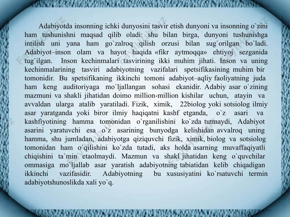 a kelmagan, ammo hamma uchun juda muhim bo`lgan g`oyalarning tug`ilishidan va shu g`oyalarni 23mumkin qadar ko`proq kishilar ongiga yetkazish ehtiyojini sezishdan, bu ehtiyojni talantga tinchlik bermasligidan boshlanadi. jahon adabiyoti tarixida bitta ham ko`zga ko`ringan asar yo`qki, uning uchun mazmunining muhimligi, salmoqdorligi, xarakterli bo`lmagan, unda zamona hayotining eng muhim tomonlari, davrning eng muhim tomonlari, davrning eng muhim, ilg`or g`oyalari o`z aksini topmagan bo`lsin. sayoz, mazmkni puch asar hech qachon o`quvchilarning ongi va qalbiga ta`sir ko`rsatmaydi, shu sababli zamonasi hamda keyingi avlodlarning ma`naviy hayotida sezilarli rol o`ynamaydi. yozuvchi o`z zamonasidan uzoq o`tmish materialiga murojaat etganda ham o`z asarining mazmunini salmoqdor etishga, uni zamondoshlar uchun muhim bo`lgan ijtimoiy muammolar bilan bog`lashga intiladi. «o`tgan kunlar» romanini misolga olaylik. otabek va kumush muhabbati tarixini ham ikki og`iz so`z bilan ifodalash mumkin: ota-ona orzusi bilan uylanish an`anasi natijasida bir-biridan fojeali ravishda judo bo`lgan qiz va yigitlar sarguzashti sharq xalqlari hayotida har kuni ming marotabadan takror bo`lib …