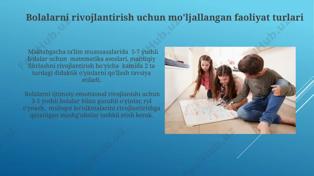 arini, baholash mezonlarini va kamida 3 ta turdagi o'quv faoliyatlarini (individual, guruh, jamoaviy) o'z ichiga olishi lozim. ta'lim sifatini ta'minlash o'quv jarayonining samaradorligini oshirish uchun sinflar sonini optimal darajada saqlash (20-25 o'quvchi), interfaol uslublardan foydalanish va individual yondashuvni qo'llash muhim. davlat standartlari va o'quv dasturlariga rioya qilish, shuningdek, 100% maktablarni zamonaviy texnologiyalar bilan jihozlash orqali ta'lim sifatini yaxshilash mumkin. baholash va monitoring tizimi баҳолаш ва мониторинг тизими 5 ёшгача бўлган болаларнинг ривожланишини кузатиш учун стандартлаштирилган тестлар ва кузатув жараёнларини ўз ичига олади, бунда 10 та асосий кўрсаткич баҳоланади. баҳолаш ва мониторинг натижаларига асосан, 7 кун ичида индивидуал таълим режаларини тузиш ва ўқув жараёнига тузатишлар киритиш талаб этилади, бунда 80% ўқувчиларга индивидуал ёндашув қўлланилади. innovatsion pedagogik texnologiyalarni qo'llash mobil ilovalar va onlayn platformalardan foydalanish orqali, 1000 dan ortiq bolani qamrab oluvchi tadqiqotlar, o'quv jarayonining samaradorligini 15% ga oshirishini ko'rsatdi. zamonaviy texnologiyalar, jumladan, 3d modellashtirish va virtual haqiqat, maktabgacha ta'lim muassasalarida abstrakt …