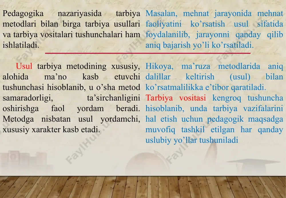 d tajribaga tayanish, ulardan foydalanish va zarur bo’lsa, unga tuzatishlar kiritish. yoshga ko’ra suhbatning majburiy dinamikasini hisobga olish. 3. suhbat mazmunini ustalik bilan tanlash, o’quvchilar uchun yangi, nomahlum fikrlarni topish, ushbu yoshdagi o’quvchilar guruhi uchun o’zlashtirish qulay bo’lgan xulosalarni shakllantirish. 4. savollarni, masalani qiziqarli qilib qo’yish, albatta, uni muammoli tarzda qo’yishga, o’ylashga, fikrlar bilan faol qatnashishga imkon beruvchi suhbat tashkil etish. 5. suhbatga ijobiy emotsional ko’rinish berish zarur. 6. suhbatni ko’rgazmali qilish, misollarni konkretlashtirish, texnika vositalaridan foydalanish. rag’batlantirish va jazolash metodlaridan foydalanishga nisbatan qo’yilgan pedagogik talablar: 1. rag’batlantirish va jazolash biron-bir tarbiya maqsadini mustaqil hal etib bermaydi, balki ushbu metodlar asosiy metodlar guruhining ta’sir kuchini oshirishga yordam bermog’i lozim. 2. ushbu metodlar guruhi faqat tarbiyaviy ahamiyat kasb etmog’i kerak. 3. ushbu metod guruhi sodir bo’lgan holatni, motivlarni keltirib chiqargan sabablarni, yosh va o’ziga xos xususiyatlarni, shaxs obro’sini hisobga olmog’i lozim. jamoa tushunchasi va uning o’ziga xos xususiyatlari. «jamoa» so’zi lotincha …