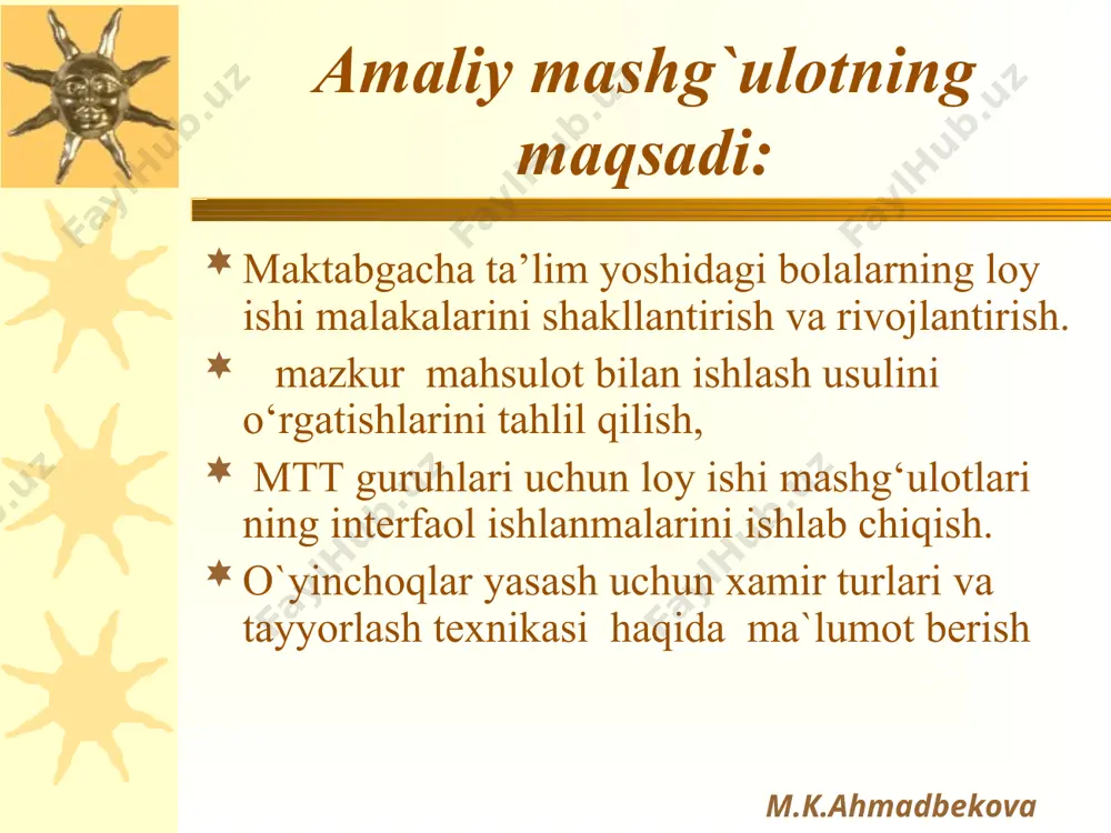 ekova loy loy narsalar yasashda asosiy material hisoblanadi. chunki u istalgan joyda topiladi, arzon va qayishqoqdir. loyning tarkibida boshqa narsalar (tosh, qum va shu kabilar) bo‘lmasligi kerak. loy o‘zining xossasiga ko‘ra yumshoq, yopishqoq, ilashuvchan, yaxshi tekislanish va istalgan shaklga kirish xususiyatiga ega bo‘lishidir. loy bilan ishlaganda asosan oddiy asboblar: oddiy konstruksiyadagi yog‘och va steklardan foydalaniladi; u tezda qatib, qurib qoladi. м.к.аhmadbekova loy tayyorlashni bir necha usullari . 1 - usul: loy tayyorlash mumkin bo‘lgan tuproqni tanlab, uni yaxshilabeziladi va elakdan o‘tkaziladi. so‘ngra uni yog‘och yoki plastmassa idishga solib, suv quyiladi, suv to‘la shimdirilgandan so‘ng 1 - 2 kun saqlanadi, so‘ngra yana suv quyib, qoriy boshlanadi. loy yopishqoq, yagona massali, qo‘lga yopishmaydigan, yaxshi silliqlanish va elastiklik holatiga etguncha ishlanadi. so‘ngra, loyni polietilen xaltaga solib, havo o‘tkazmaydigan holda o‘raladi. undan bir necha mashg‘ulotda foydalanish mumkin. chunki, bu holda loyni bir oy, yoki ikki - uch oy yoki yillab saqlash mumkin. loy qancha …