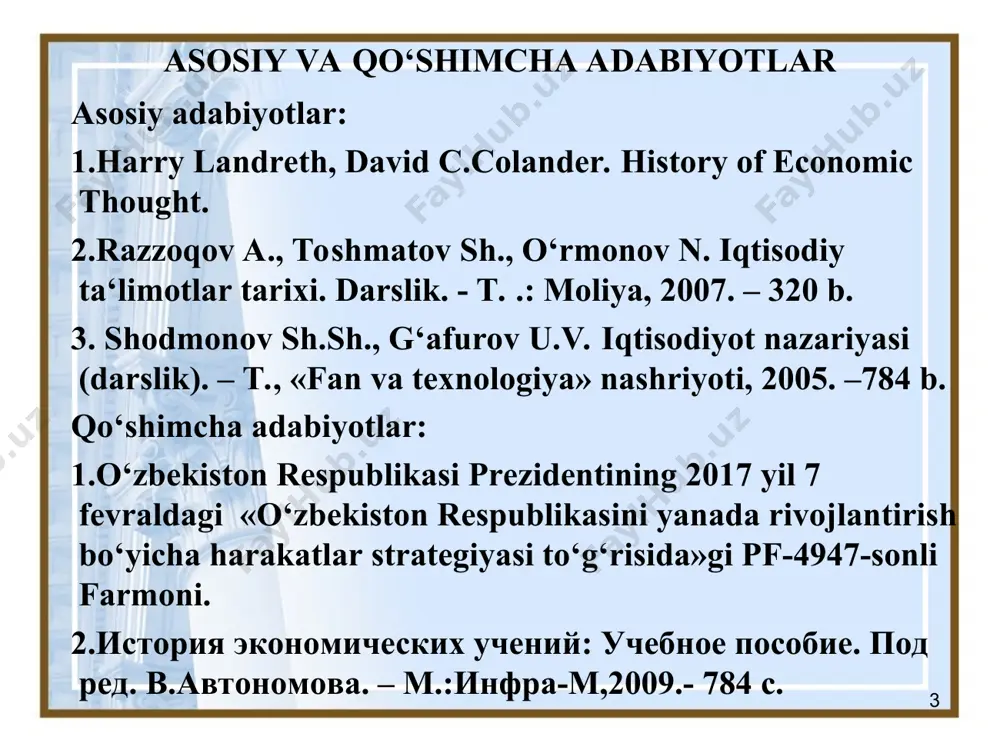 lar narxiga bog’liq: di= fi (p1, p2…pn) taklif ham xuddi shunday: si= gi (p1, p2…pn) unga kora mahsulotni ishlab chiqaruvchilar va iqtisodiy resurs egalari mavjud. mamlakatda 2 ta katta bozor mavjud: iste’mol buyumlari bozori va resurslar bozori. bundan tashqari mamlakatda jamg’arish mavjud va u investitsiyalar hajmiga teng. demak, moliya bozori ham mavjud. unga kora mahsulotni ishlab chiqaruvchilar va iqtisodiy resurs egalari mavjud. mamlakatda 2 ta katta bozor mavjud: iste’mol buyumlari bozori va resurslar bozori. bundan tashqari mamlakatda jamg’arish mavjud va u investitsiyalar hajmiga teng. demak, moliya bozori ham mavjud. * leon valras (1834-1910) davlat valrasning g’oyasi bo’yicha quyidagi vazifalarni bajarishi kerak: pulning barqarorligini ta’minlash fuqorolarning xavfsizligini ta’minlash fuqorolarning umumiy ta’limiga ko’maklashish ishchilarni ijtimoiy himoya qilish samarali raqobat muhitini shakllantirish olib sotarlikka yo’l qo’ymaslik unga kora mahsulotni ishlab chiqaruvchilar va iqtisodiy resurs egalari mavjud. mamlakatda 2 ta katta bozor mavjud: iste’mol buyumlari bozori va resurslar bozori. bundan tashqari mamlakatda jamg’arish mavjud …