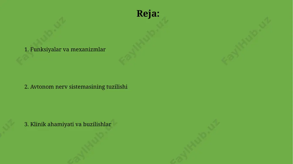 oshlaydi. enterik nerv sistemasi enterik nerv sistemasi haqida ma'lumotlar ens ichakda peristaltika, suyuqlik sekretsiyasi va mikrosirkulyatsiya kabi ko'plab fiziologik jarayonlarni nazorat qiladi. enterik nerv sistemasi parasempatik va simpatik nerv tizimi orqali modulyatsiya qilinadi. parasimpatik nerv sistemasi parasimpatik nerv sistemasi asosan 4 ta kraniyal nerv (iii, vii, ix, x) va s2-s4 segmentlaridan chiqadigan sakral nervlar orqali innervatsiya qilinadi. bu "dam olish va hazm qilish" holatini ta'minlaydi. parasimpatik ta'sirlar yurak urishini minutiga 70 tadan 60 tagacha kamaytirishi, bronxlar torayishiga va ovqat hazm qilish traktining faollashuviga olib kelishi mumkin, bu esa energiya tejashga yordam beradi. simpatik nerv sistemasi simpatik nerv sistemasi simpatik nerv sistemasi asosan t1 dan l2/l3 segmentlarigacha bo'lgan orqa miya yon shoxlaridan kelib chiqadi. uning preganglionik tolalari qisqa, postganglionik tolalari esa uzoq bo'lib, xilma-xil organlarga boradi. avtonom nerv sistemasi: kirish avtonom nerv sistemasi orqa miya va bosh miyasidagi nerv tolalari orqali ichki organlarga signallar yuboradi. ushbu signallar orqali organlarning funksiyalari 24/7 …