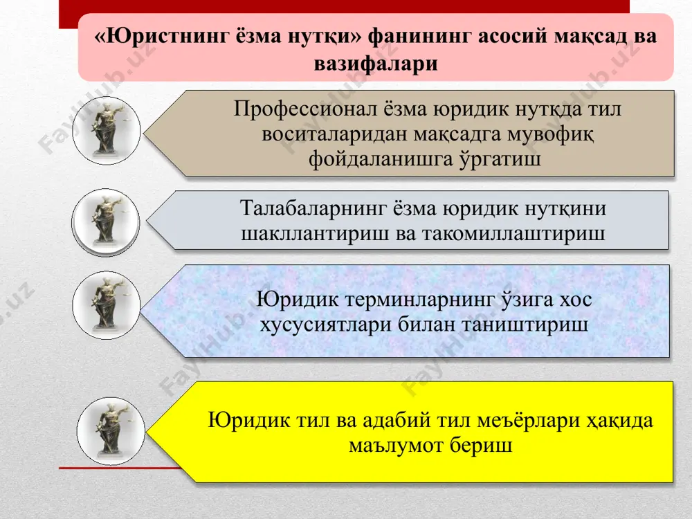 ) қатъийлик аниқлик қисқалик мантиқий боғлиқлик мантиқий изшиллик қолиплашганлик ўзбекистон республикасида ўзбекистон республикасининг конституцияси ва қонунларининг устунлиги сўзсиз тан олинади. (ўзбекистон республикаси конституцияси 15-модда) ўзбекистон республикасининг бутун худудида ягона фуқаролик ўрнатилади. (ўзбекистон республикаси конституцияси 21-модда). ўзбекистон республикаси жиноят кодекси ……………….. моддасининг биринчи қисмига мувофиқ.. ўзбекистон республикаси маъмурий жавобгарлик тўғрисидаги кодекснинг ………………. моддаси буйича жавобгарликга тортилади. қонун тилида нотўғри қўлланилган биргина товуш, қўшимча ва сўз, ҳатто биргина тиниш белгиси қўпол мазмуний ва услубий хатоларни келтириб чиқаради. масалан: бу воқеаларнинг барчаси менга ёд. бу воқеаларнинг барчаси менга ёт. ёд ва ёт сўзлари пароним, яъни талаффузи ва шакли бир-бирига яқин бўлсада, маънолари ҳар хил. уларнинг ўрнини алмаштириб қўллаш гапнинг мазмунини тубдан ўзгартириб юборади. масалан: ўлим йўқ, шафқат. ўлим, йўқ шафқат. юридик оғзаки нутқ хусусиятлари: юридик оғзаки нутқ коммуникатив жараён билан бевосита боғлиқ. тезкорлик билан амалга ошади. оғзаки нутқда гап қурилишини ақл назорат қилиб боради. бунда хотиранинг роли катта. юридик оғзаки нутқни таҳрир қилиш …