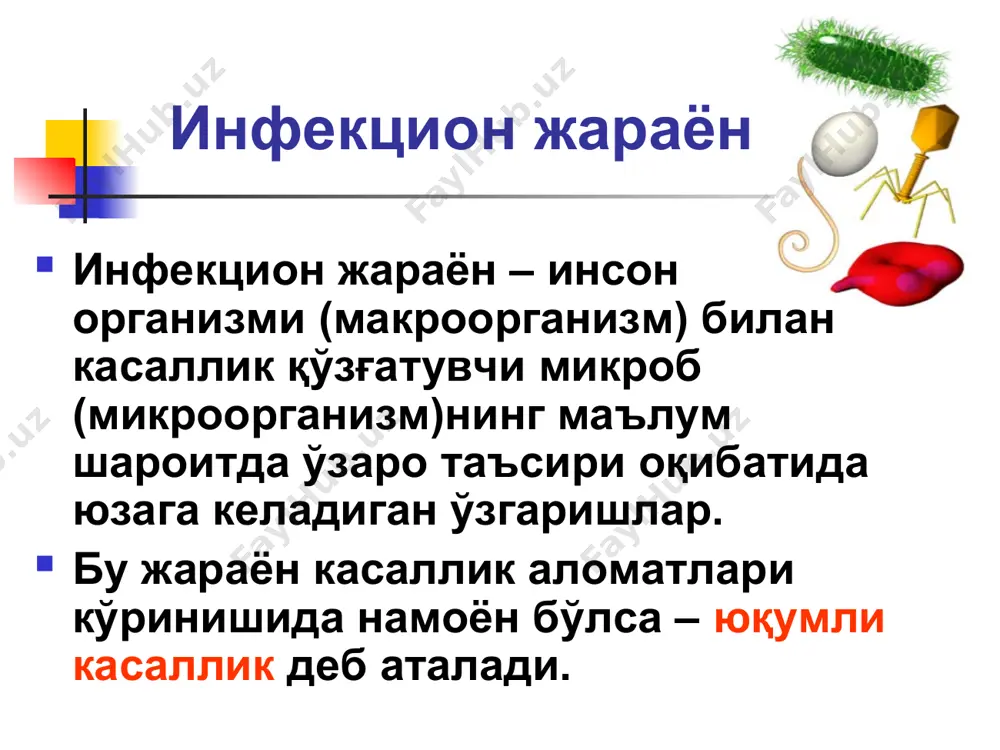 айдо булиш муддати тошма кема-кетлиги (этаплилиги) купрок жойлашадиган сохалар (локализация) тошма элементлари сони тошма элементларининг ривожланиш динамикаси баъзи трансмиссив инфекцияларда (туляремия, боррелиоз ва бошкалар) кузгатувчи терига кирган сохада бирламчи аффект, яъни тери копламлари сохасидаги яллигланиш, касалликнинг бошка клиник белгилари билан кечади лимфоаденопатия регионар таркалган (генерализацияланган) улат, туляремия, фелиноз, дифтерия, ангина вич-инфекция, бруцеллез, инфекцион мононуклеоз, хламидиоз полиартрит периартрит моноартрит бугимларнинг зарарланиши катарал-респиратор синдром ринит ангина бронхит бронхиолит пневмония диарея (ич кетиши) энтеритик колитик ахлат тез-тез, куп, суюк, сувсимон, хазм балмаган овкат колдиклари билан, сассик хидли, яшил ёки оч сарик рангда булиши ахлат буткасимон ёки ярим суюк консистенцияда, жигар рангдаги, ахлат массаларининг хажми камайишга мойил. ахлатда патологик кушилмалар (йиринг, шиллик ва бошкалар). тенезмлар, ёлгон чакириклар хос. гепатолиенал синдром вирусли гепатитлар бруцеллез лептоспироз малярия тошмали тиф тпк (тпз) юқумли касалликларда лаборатор текшириш усуллари бактериологик бактериоскопик серологик вирусологик аллергологик биохимик ёрдамчи лаборатория усуллари: экг, утт (узд), рентген, кт, мрт. юқумли касалликларни даволаш асослари этиотроп …
